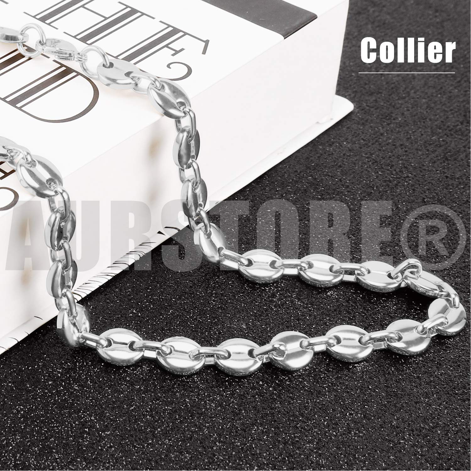 AURSTORE Parure Bracelet ET Chaine Homme Acier INOX Massif Grain DEà café Taille Couleurs AU Choix (6mm, Argenté)