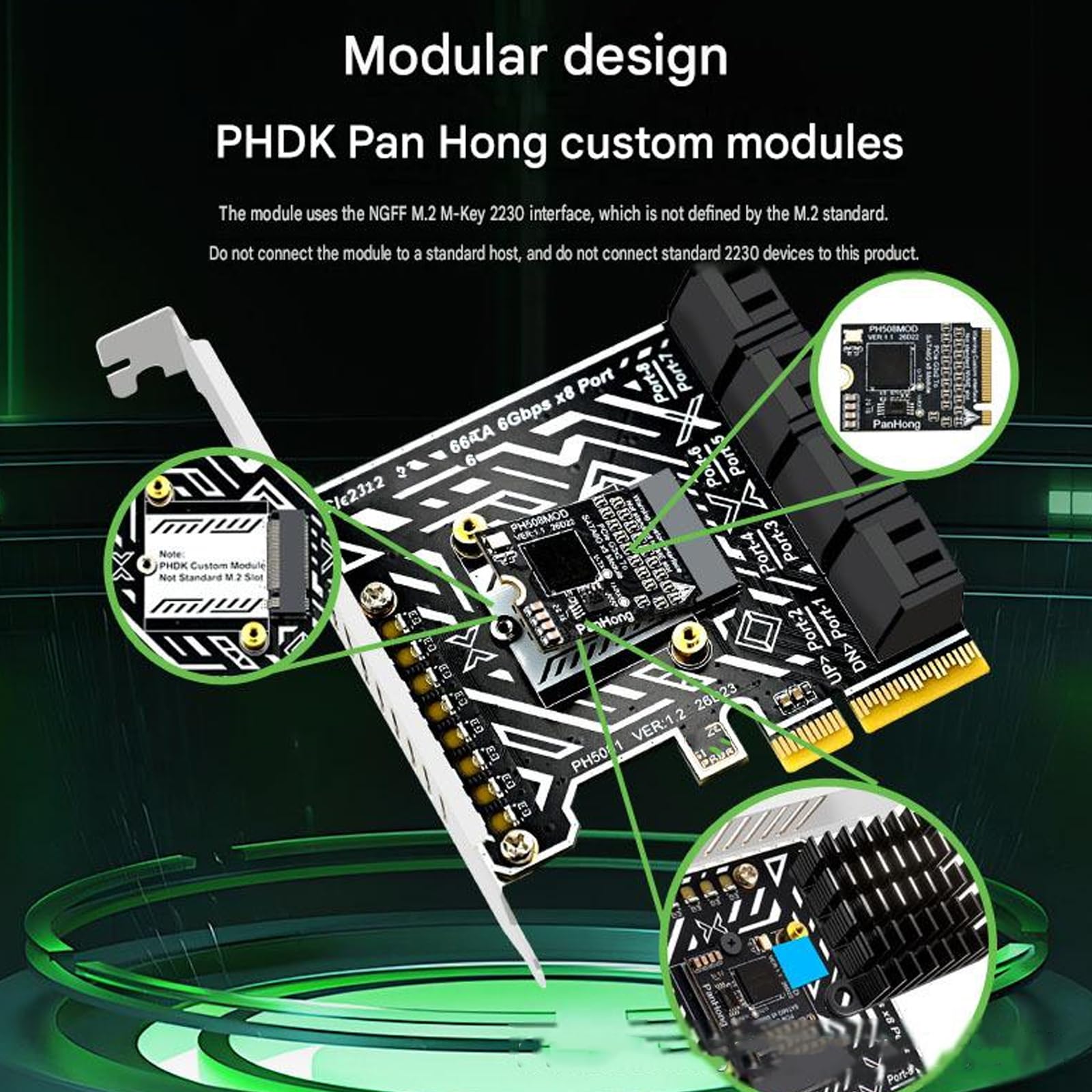 Scheda di espansione PCIE Gen3X2 a SATA3 6Gbps 8 porte SATA3.0, capacità massima 240 TB, trasferimento dati stabile ad alta velocità, con indicatori LED e dissipatore di calore di