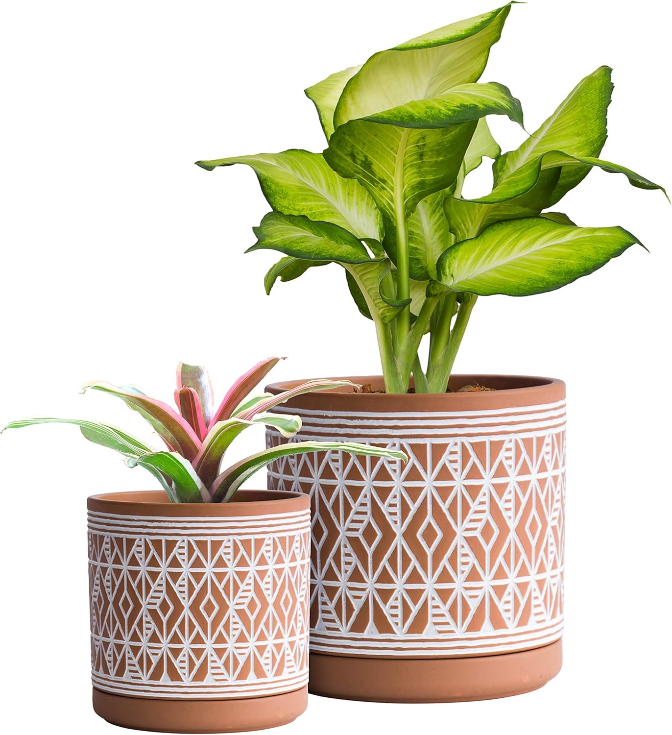 D'vine Dev Set of 2 Terracotta Pots, Diamond Pattern Planter Pot, 4 Inch and 6 Inch, Pot with Drainage Hole and Saucer, Terracotta/White, 31-958-G-1