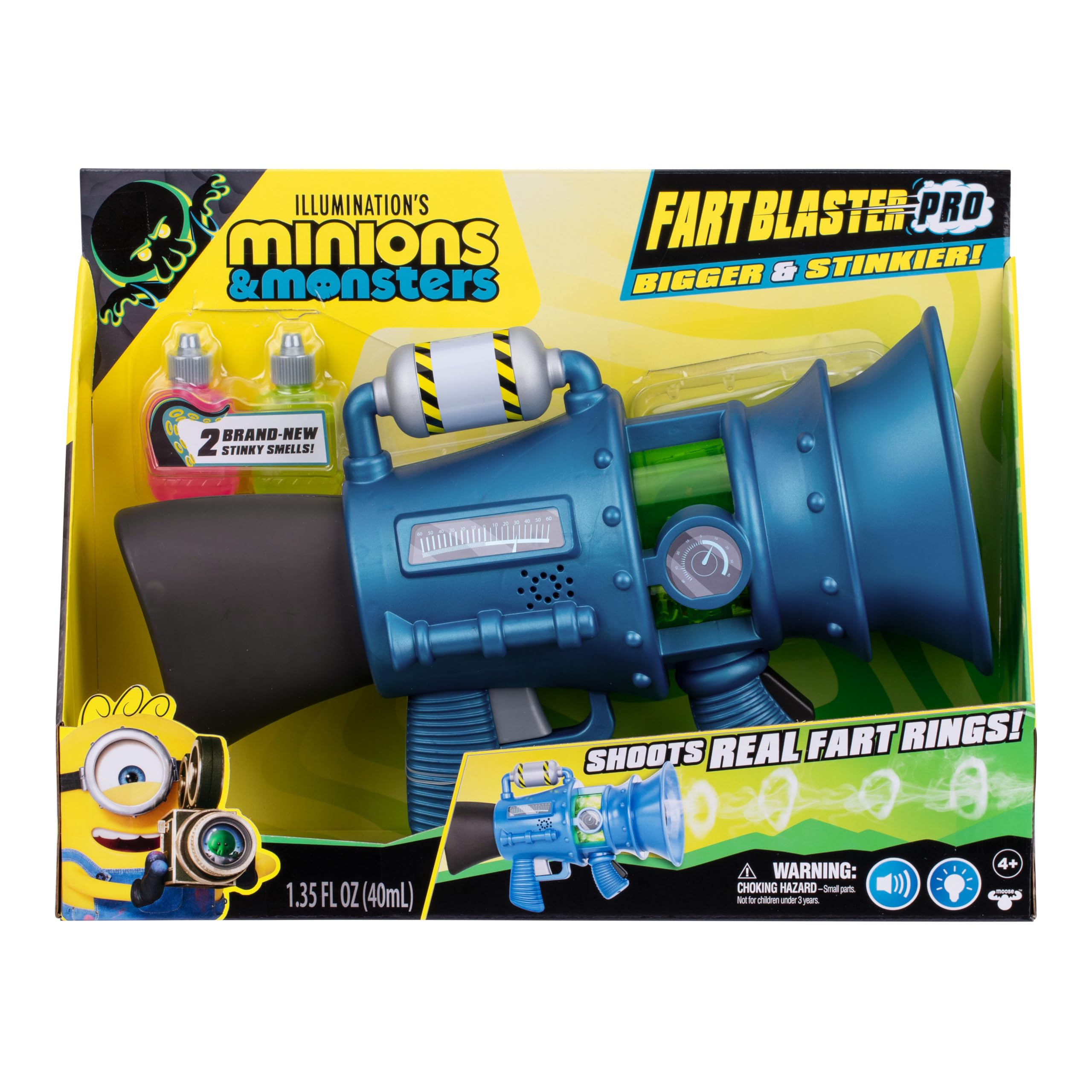 MINIONS Illumination Monster Furzblaster Pro mit 8 Gestank-Einstellungen, schießt stinkende Furzringe bis zu 1,80 m weit, 2 Furzformeln mit unterschiedlichen Gerüchen