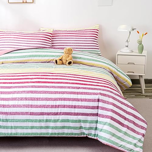 Miniatura 3 de Dropshipful Juego de edredón a rayas tamaño Queen, juego de ropa de cama de arcoíris rosa, amarillo, verde, morado, 3 piezas, 1 edredón (90 x 90