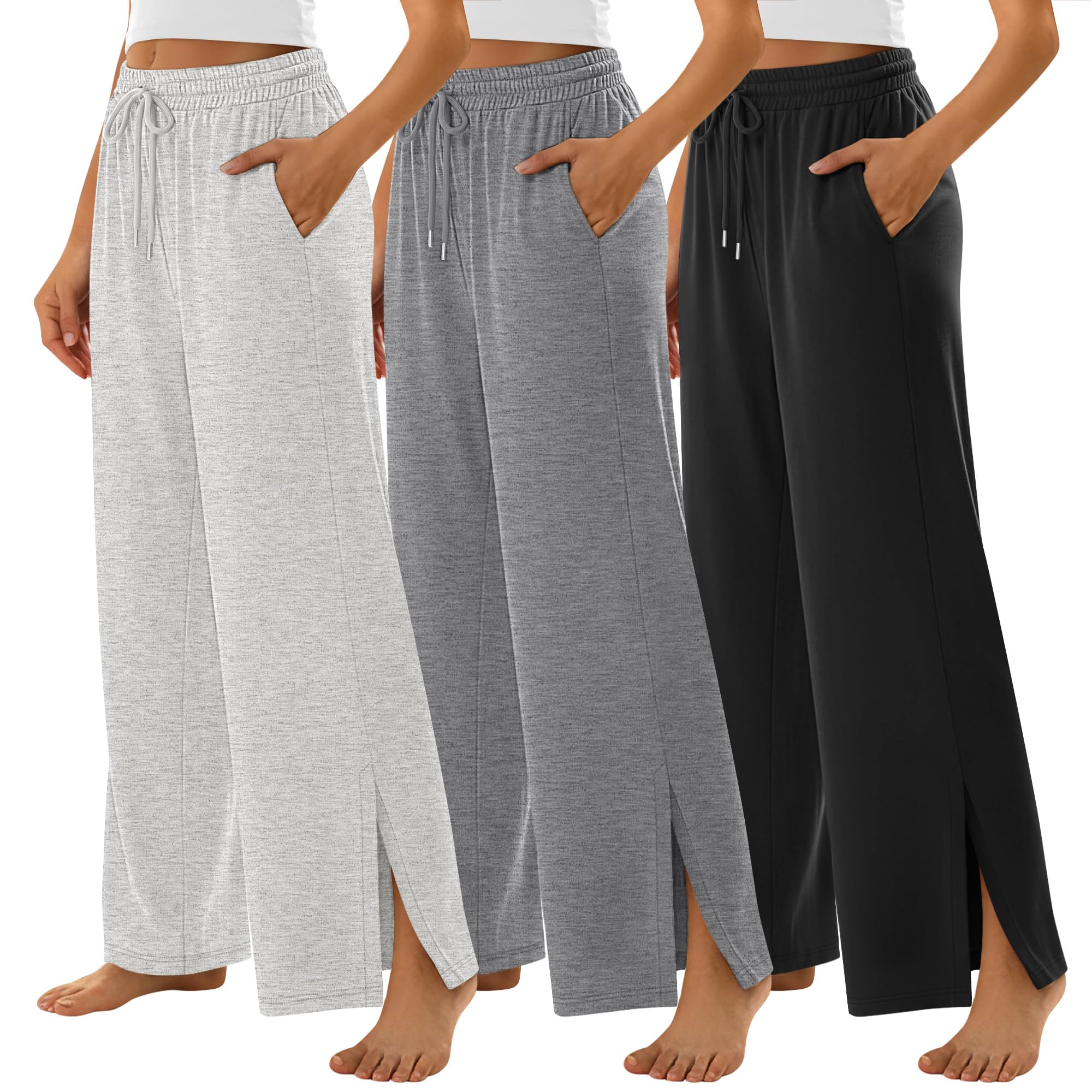 3 Pack Womens Wide Leg Lounge Pants Split Hem Casual Baggy High Waisted Drawstring Sweatpants with Pockets