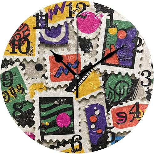 KLL Fragmentos de papel con sello retro, colorido reloj redondo de 10 pulgadas para colgar en la pared, sin tictac, decoración para granja, comedor,