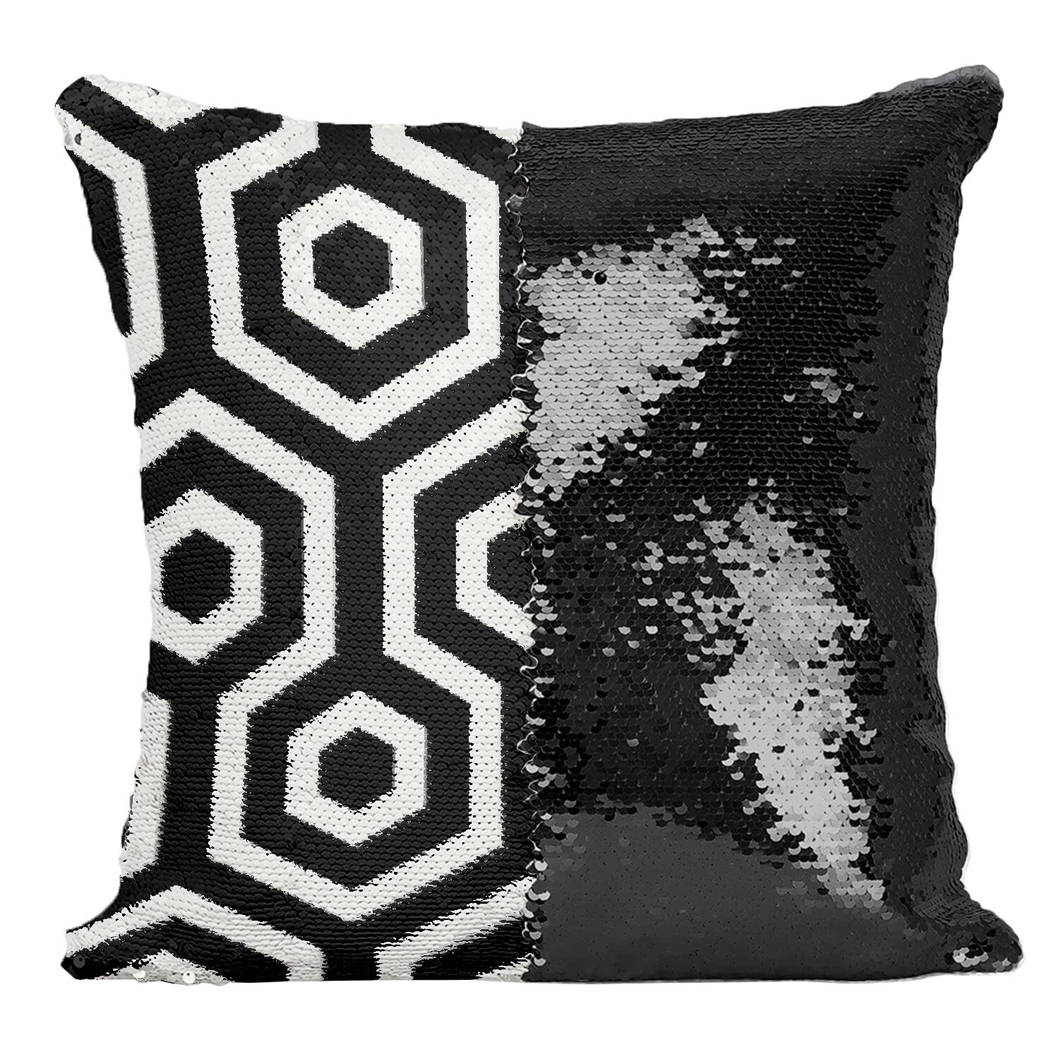 Coussin sequin paillettes noir avec motif géométrique hexagone rétro 70's