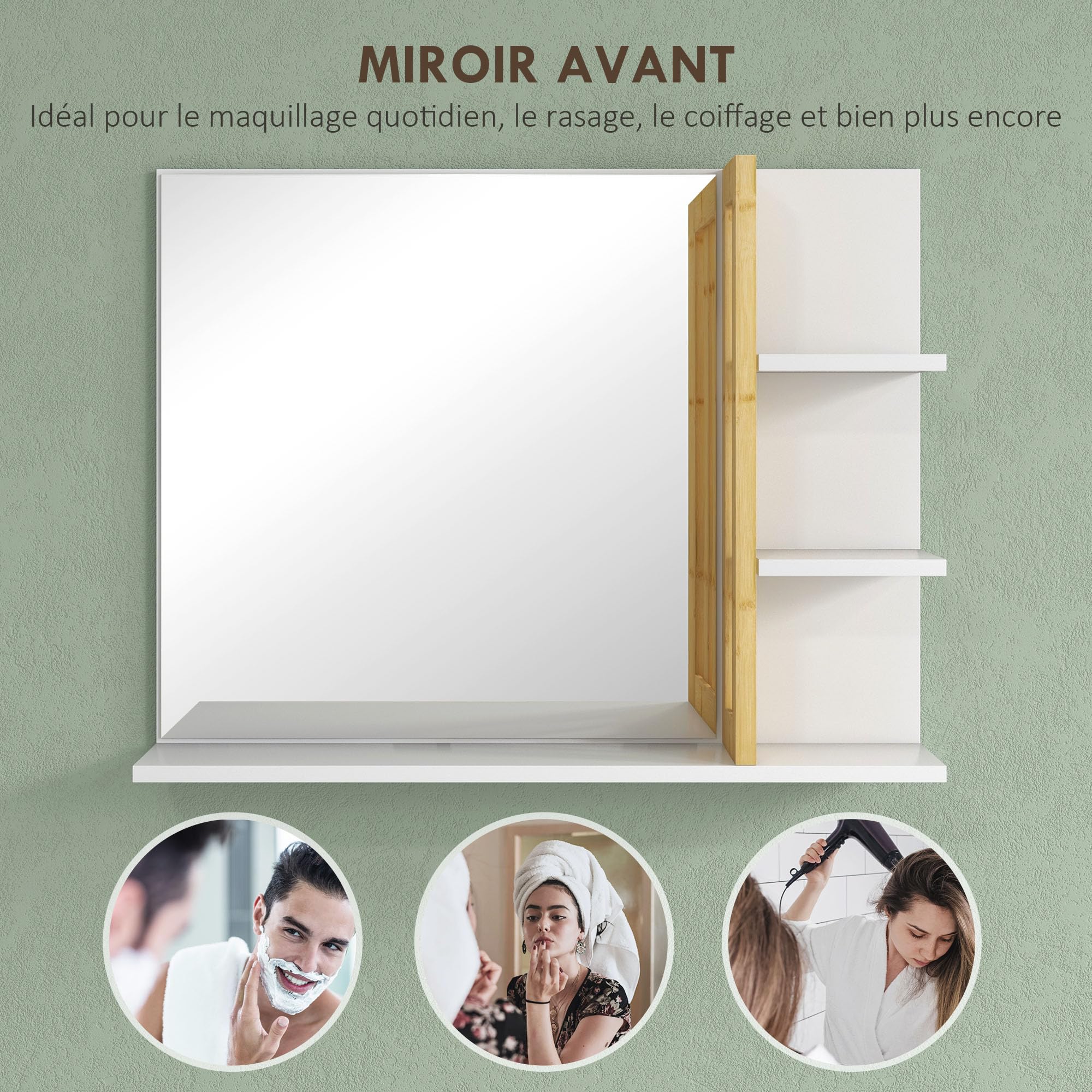 HOMCOM Miroir Mural de Salle de Bain avec étagères de Rangement - 3 étagères latérales + 1 étagère inférieure - Bois de Bambou Blanc