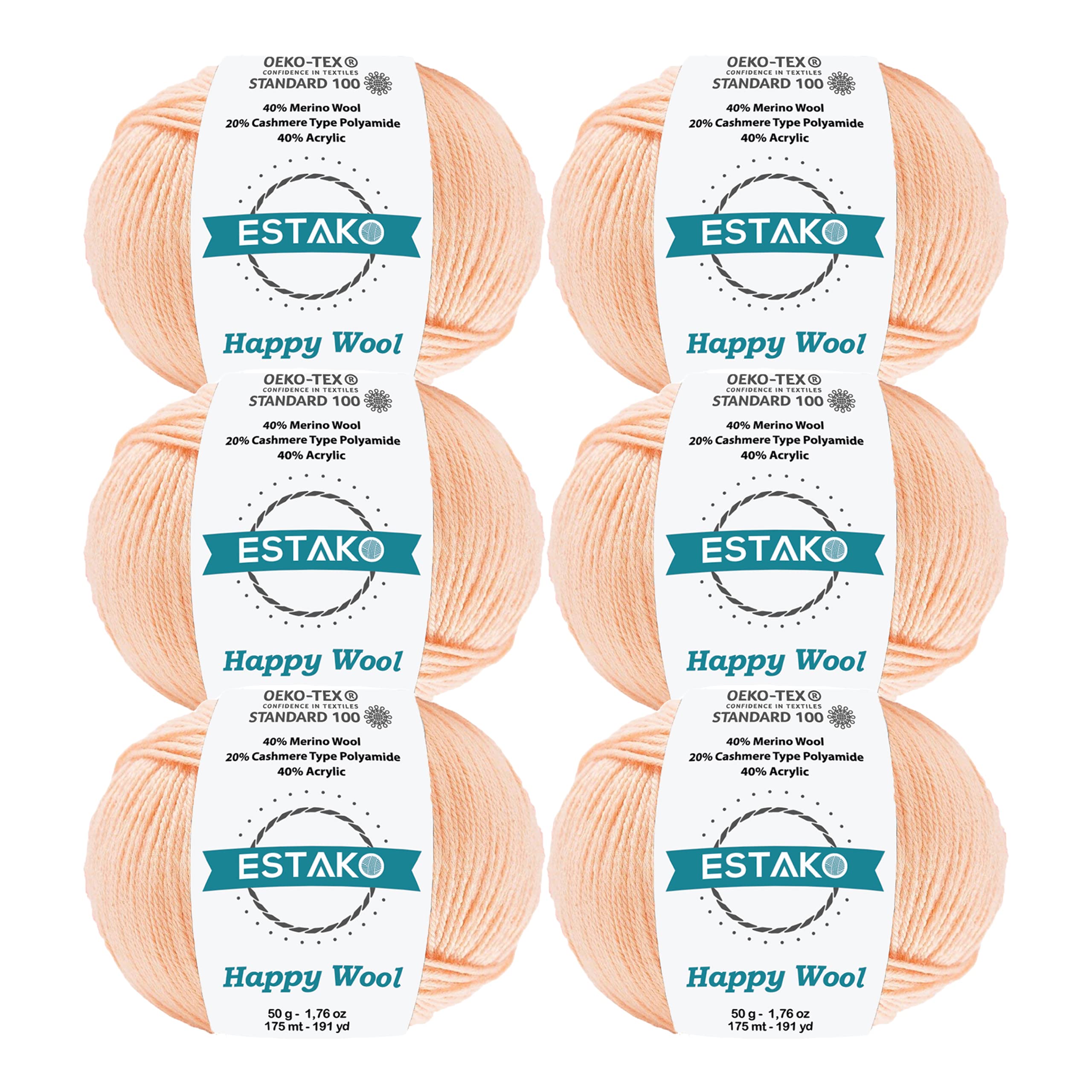 Estako Happy Wool (6 Skeins Pack) 40% Merino Wool 20% Cashmere Type Polyamide 40% Acyrlic Fingering Weight Soft Knitting and Crochet Yarn (6 x 1.76 oz) (6 x 191 yds) (8034 - Peach)