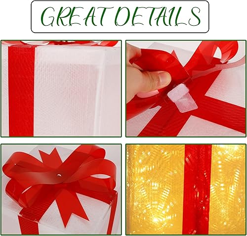 Miniatura 15 de Lulu Home Juego de 3 cajas de Navidad iluminadas, 60 luces LED con lazo, cajas de Navidad enchufables para árboles de Navidad, fiestas, decoración