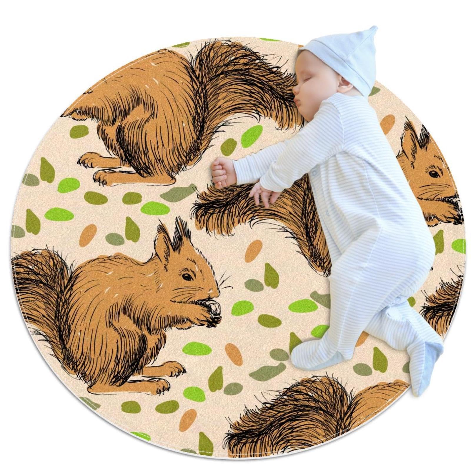 Tapis de bain écureuil rond 1m pour une ambiance douce en chambre