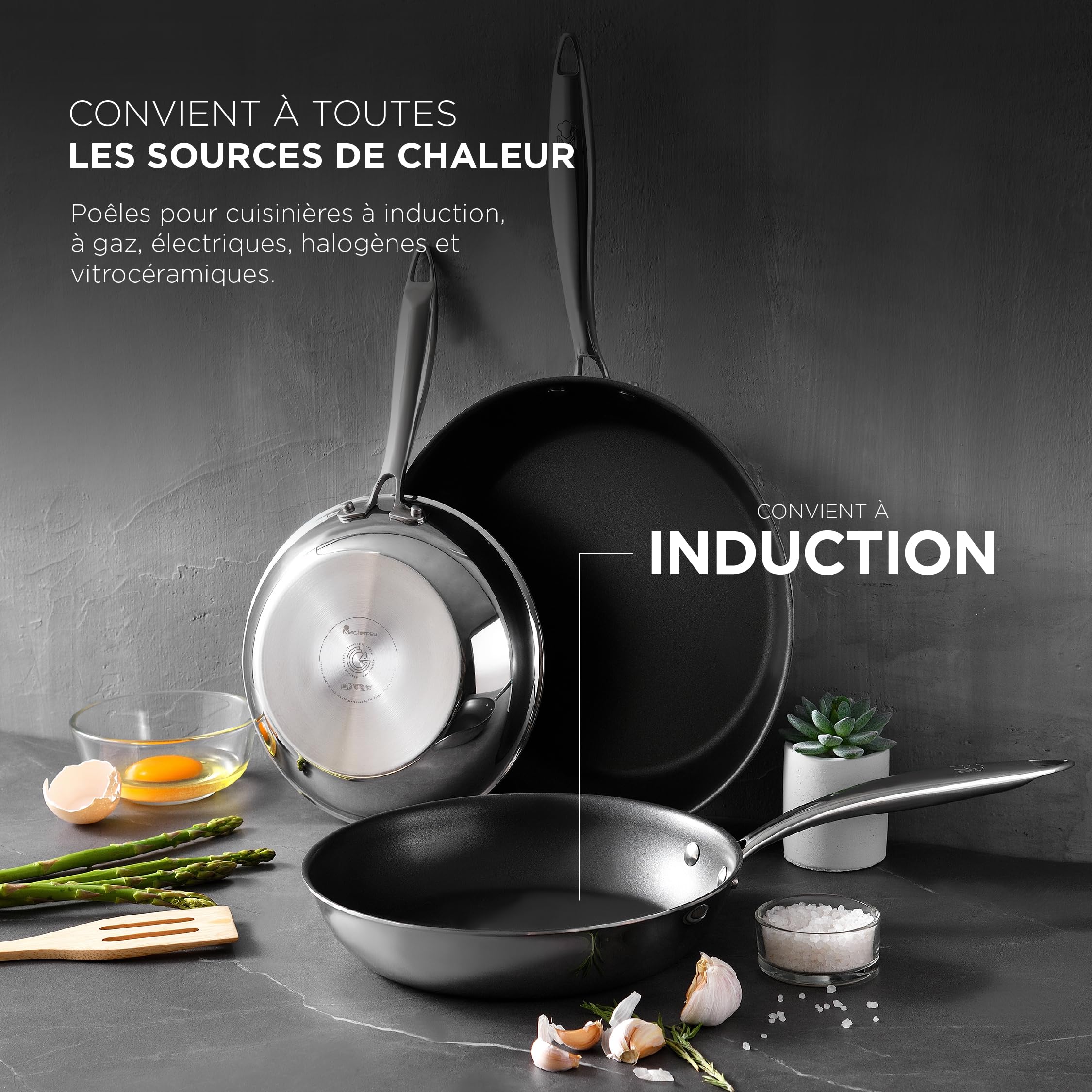 MasterPro Argent 3 - Set di pentole e coltelli - Tre pentole in acciaio inox per impieghi gravosi da 28, 24 e 20 cm - Set di 4 coltelli in acciaio inox, finitura opaca e impugnatura sicura