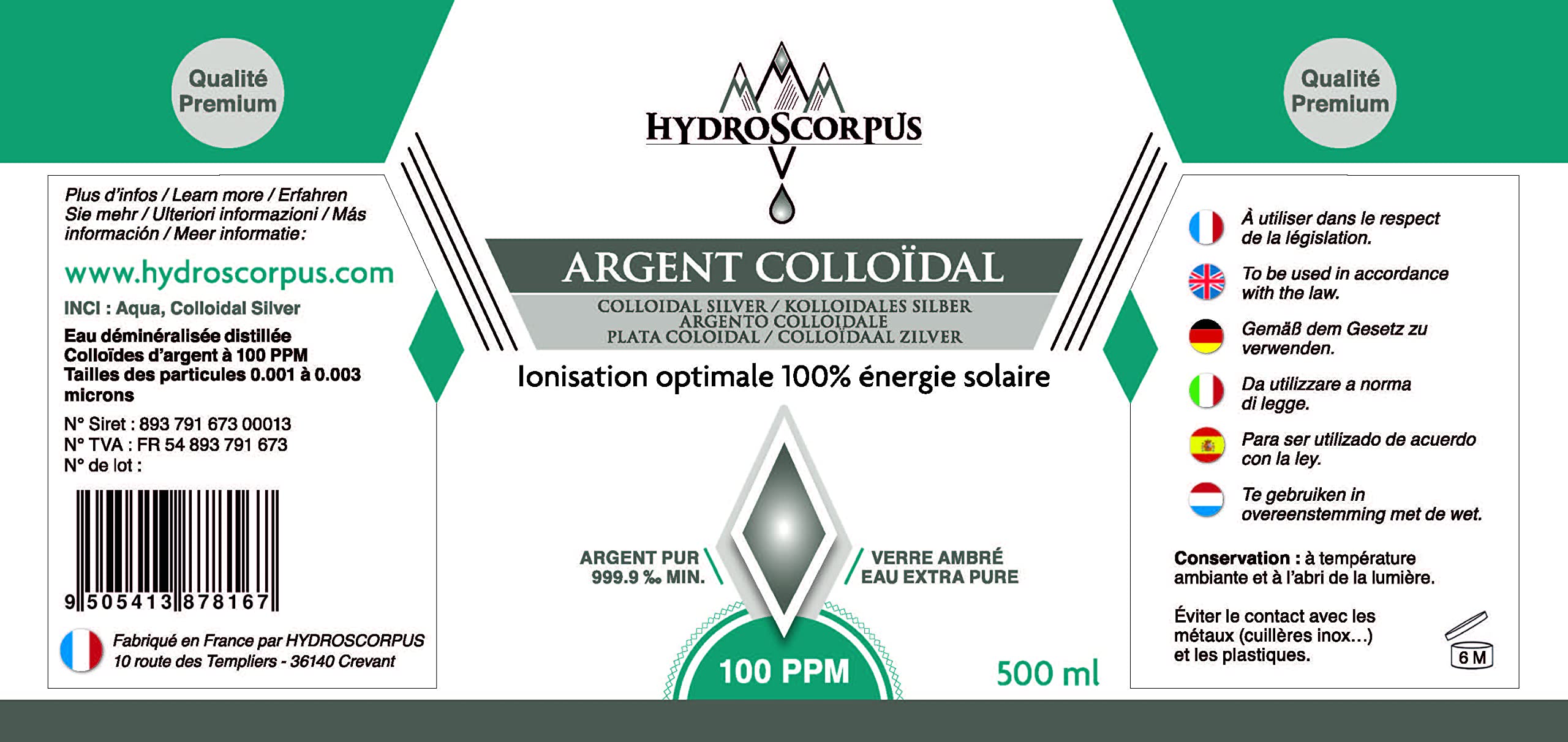 Argent Colloïdal 100PPM 500ml BOUTEILLE VERRE ●Fabriqué en FRANCE●Oligo élément Bio Disponible 100% Naturel ●Ionisation 100% énergie solaire●Protections Produits 100% compostables …