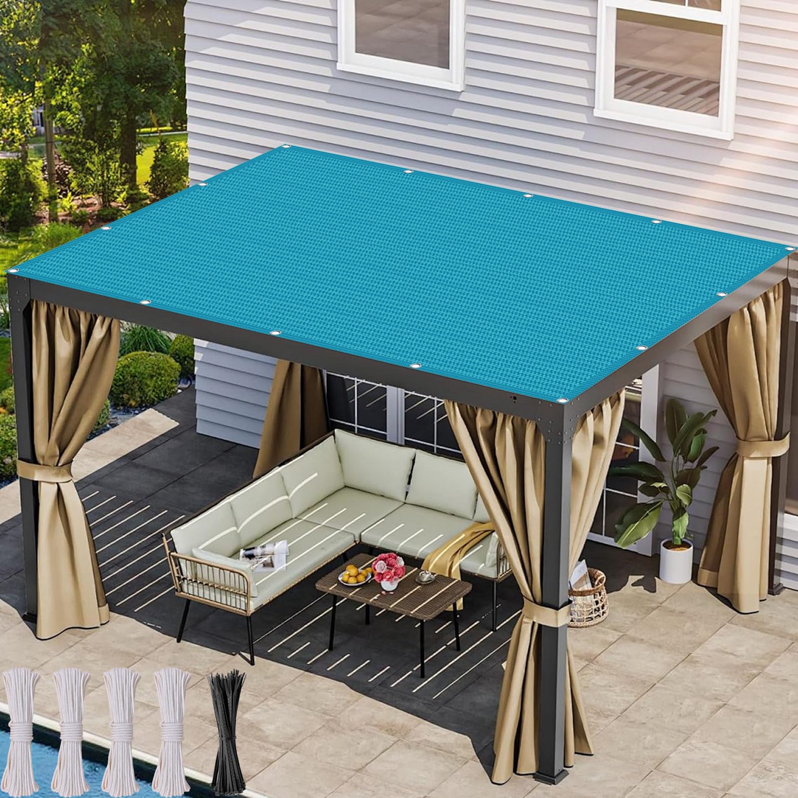 Voile ombrage 240x340 cm bleu rectangle en toile HDPE respirante pour balcon