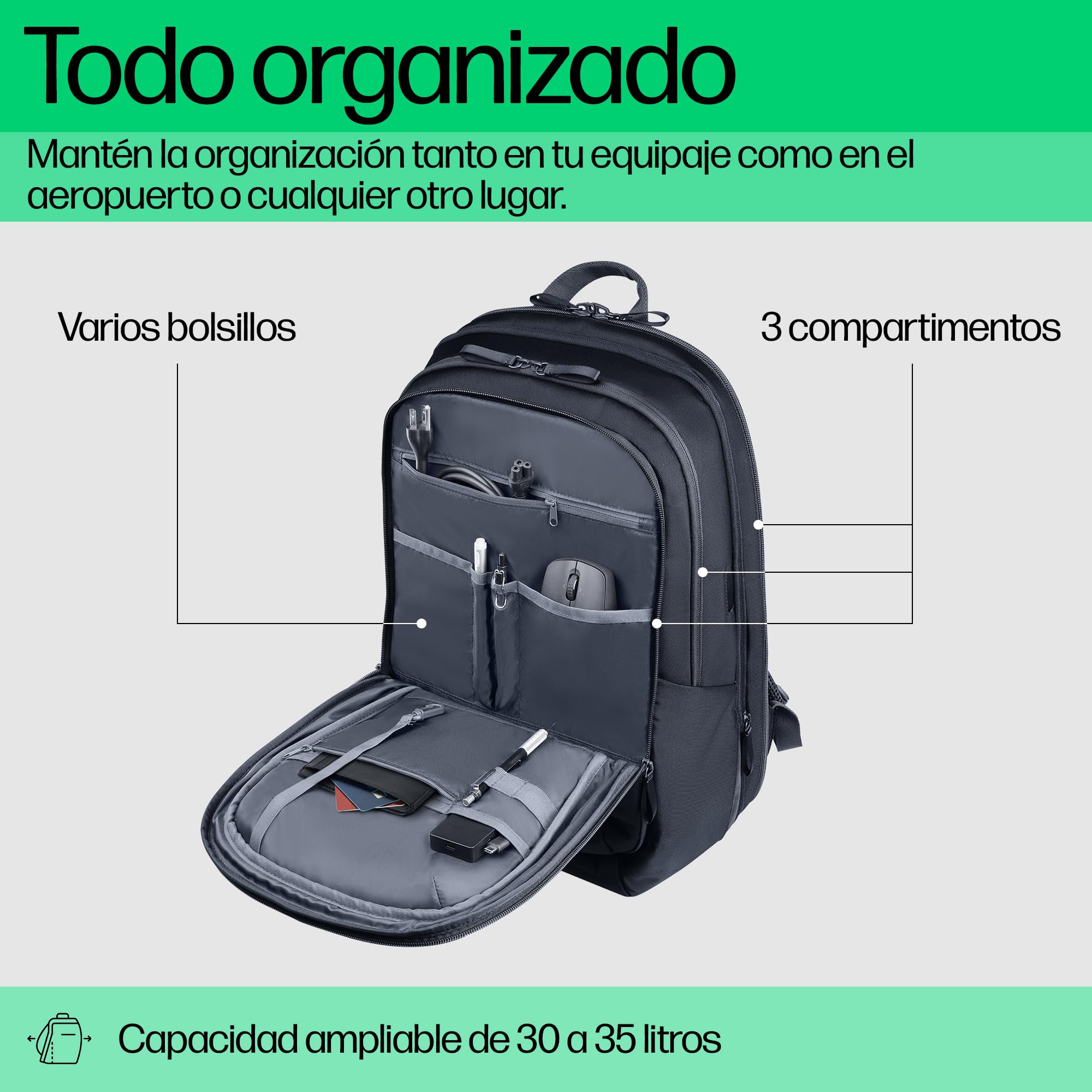 HP Mochila para portátiles hasta 17" Travel Plus, 30 litros, Unisex Adulto, Negro, Grande