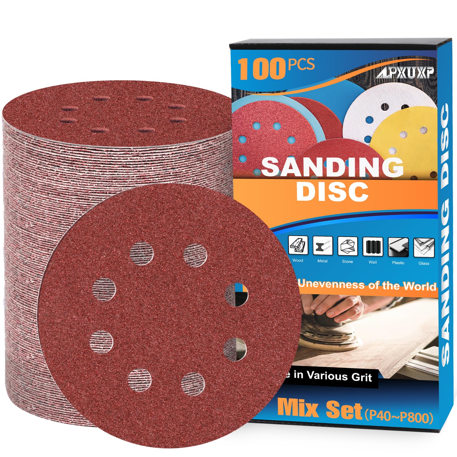 ALPXUXP 125mm Sanding Discs 8-Holes Hook and Loop Sanding Pads for Random Orbital Sander Sandpaper Sheet(40/60/80/120/180/240/320/400/600/800 x10 Mixed Grits)-100Pcs — image 1