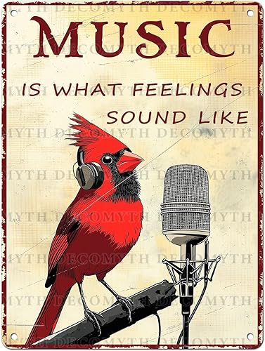 Miniatura 19 de Letrero de hojalata de pájaro vintage con texto en inglés "Music Is What Feelings Sound Like Retro Wall Art Wall Art Funny Bird Lovers Poster Indoor