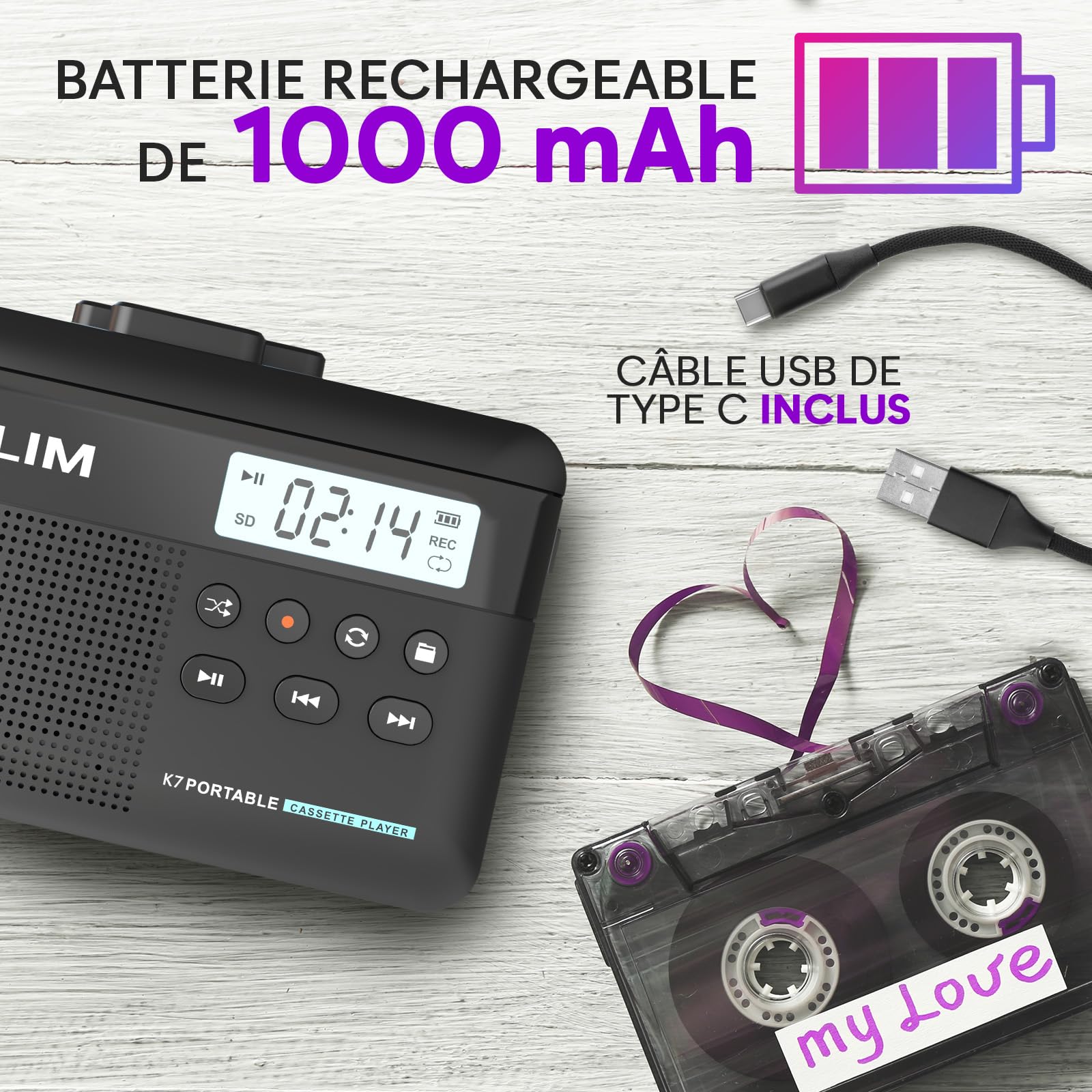 Cassette Player KLIM K7 avec écouteurs Fusion - Lecteur Cassette Audio - Convertisseur Audio en MP3 - Microphone et Haut-Parleur intégrés - Batterie Rechargeable - Ecouteurs - Carte SD 16GB - Noir