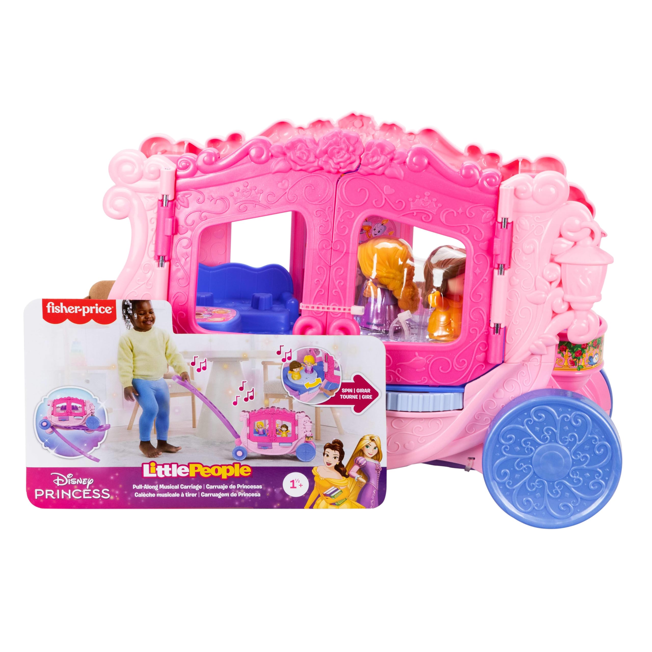 Fisher-Price Little People Kleinkindspielzeug Disney Princess Musikkutsche zum Hinterherziehen Spielset mit Spielfiguren für Rollenspiele für Kinder ab 18 Monaten ,JCW72 | Spielset mit Belle & Rapunzel Figuren, Rollenspiel, Kleinkinder & Kinder ab 18 Mona