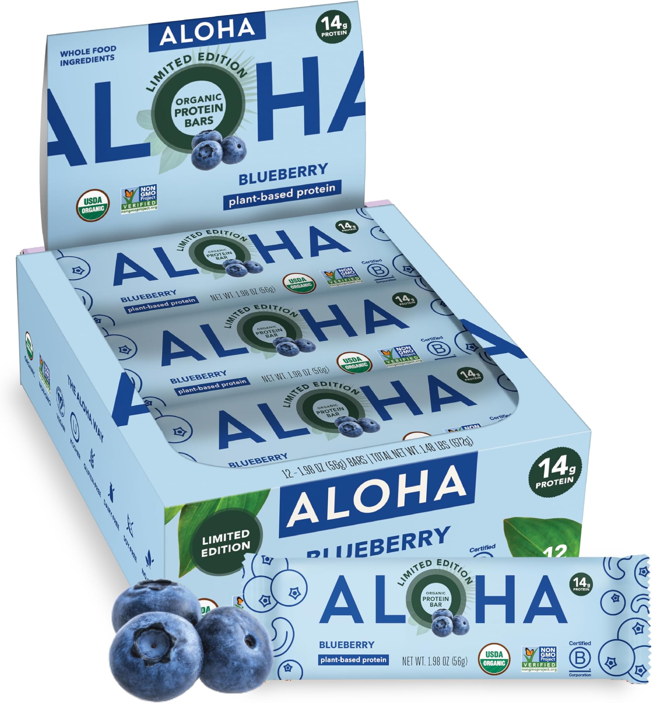 ALOHA Organic Plant Based Protein Bars - Blueberry Bars, Vegan, Low Sugar, Gluten-Free, Low Carb, Non-GMO, No Stevia, No Erythritol - 12 Count (Pack of 1)