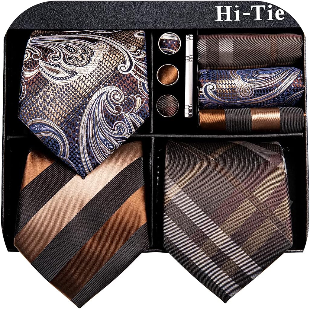 Hi-Tie 3 Pcs Gift Box Mens Tie Set Necktie with Pocket Square Cufflinks Lapel Pin Silk Neck Tie Collection