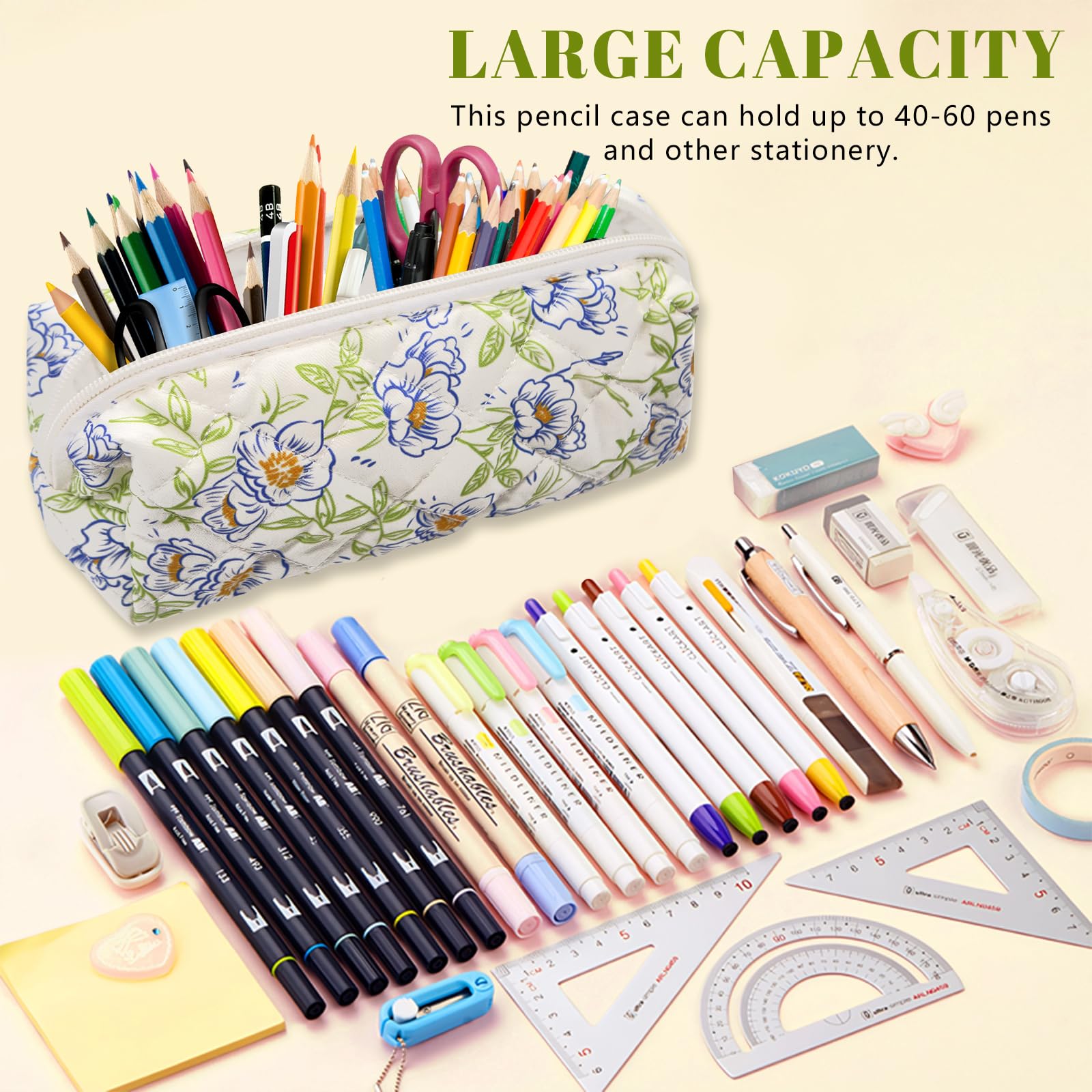 LJCZKA Floral Pencil Case for Girls Women Small Flower Pencil Pouch, Cotton Quilted Makeup Bags for School College Travel - Image 4