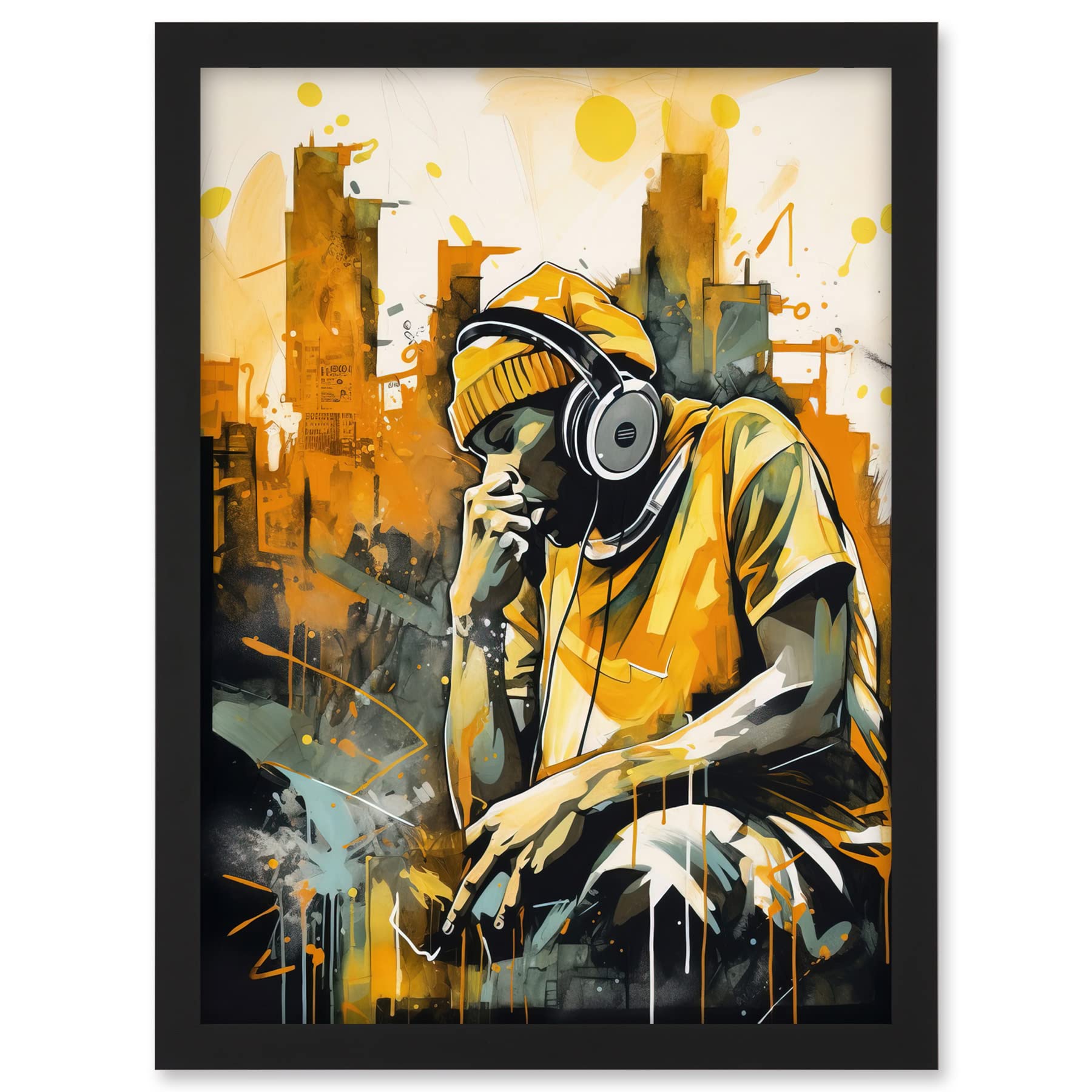 Artery8 Abstract Cityscape Young Man Wearing Headphones Listening to Music Modern Watercolour Illustration Artwork Framed A3 Wall Art Print