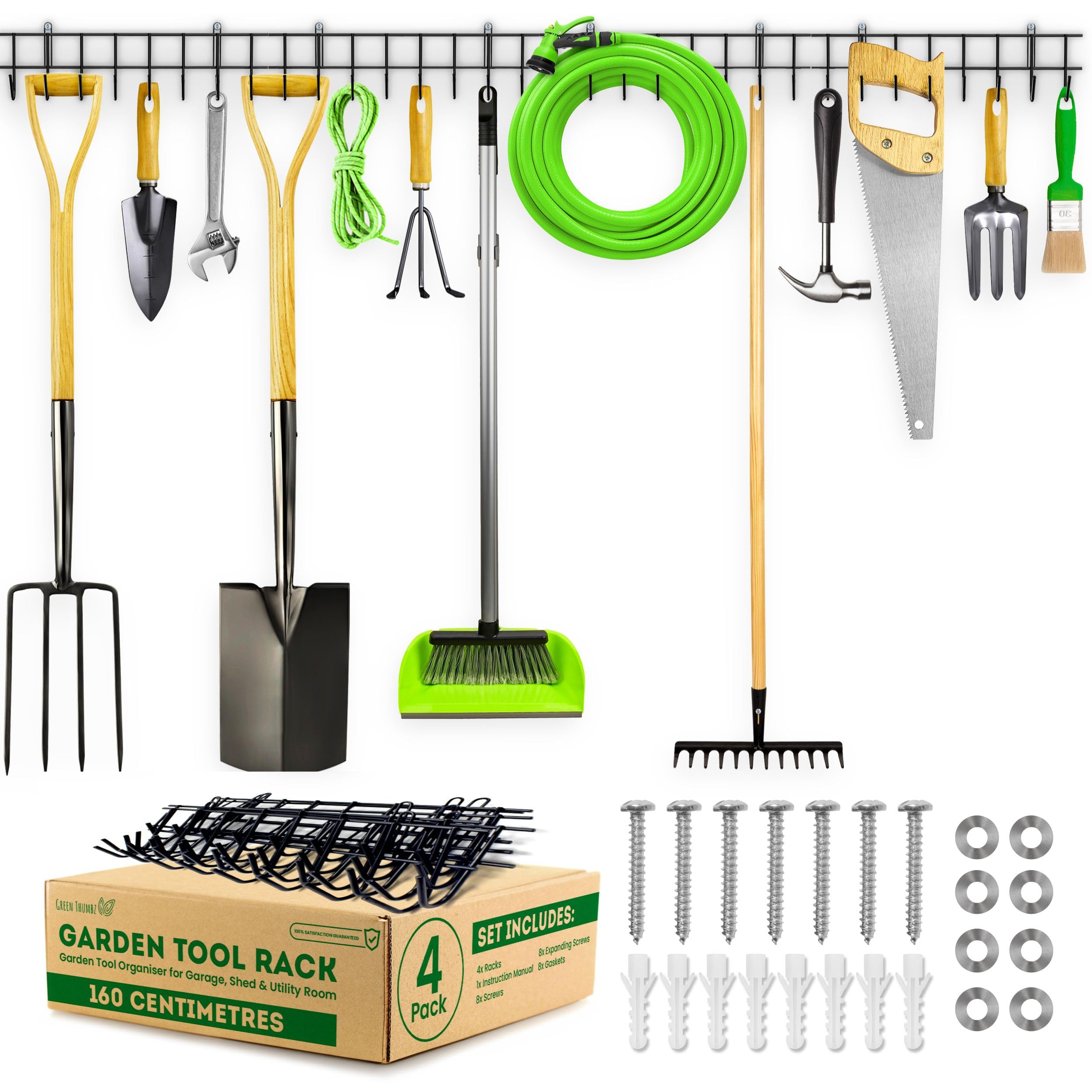 Green Thumbz Garden Tool Rack - 160cm Heavy Duty Shed Accessories for Rakes, Shovels & More, Metal Space Saving Garden Tool Rack for Sheds & Garages