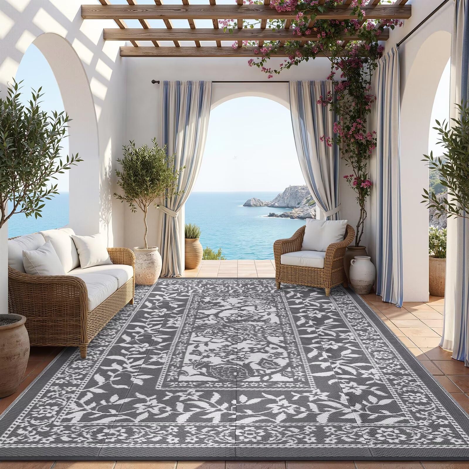 Garvee Outdoor Rug 10x20, Waterproof Reversible Foldable Plastic Straw Rug, Botanical cottagecore Large Outdoor Rugs Patio Camping RV Carpet for Deck