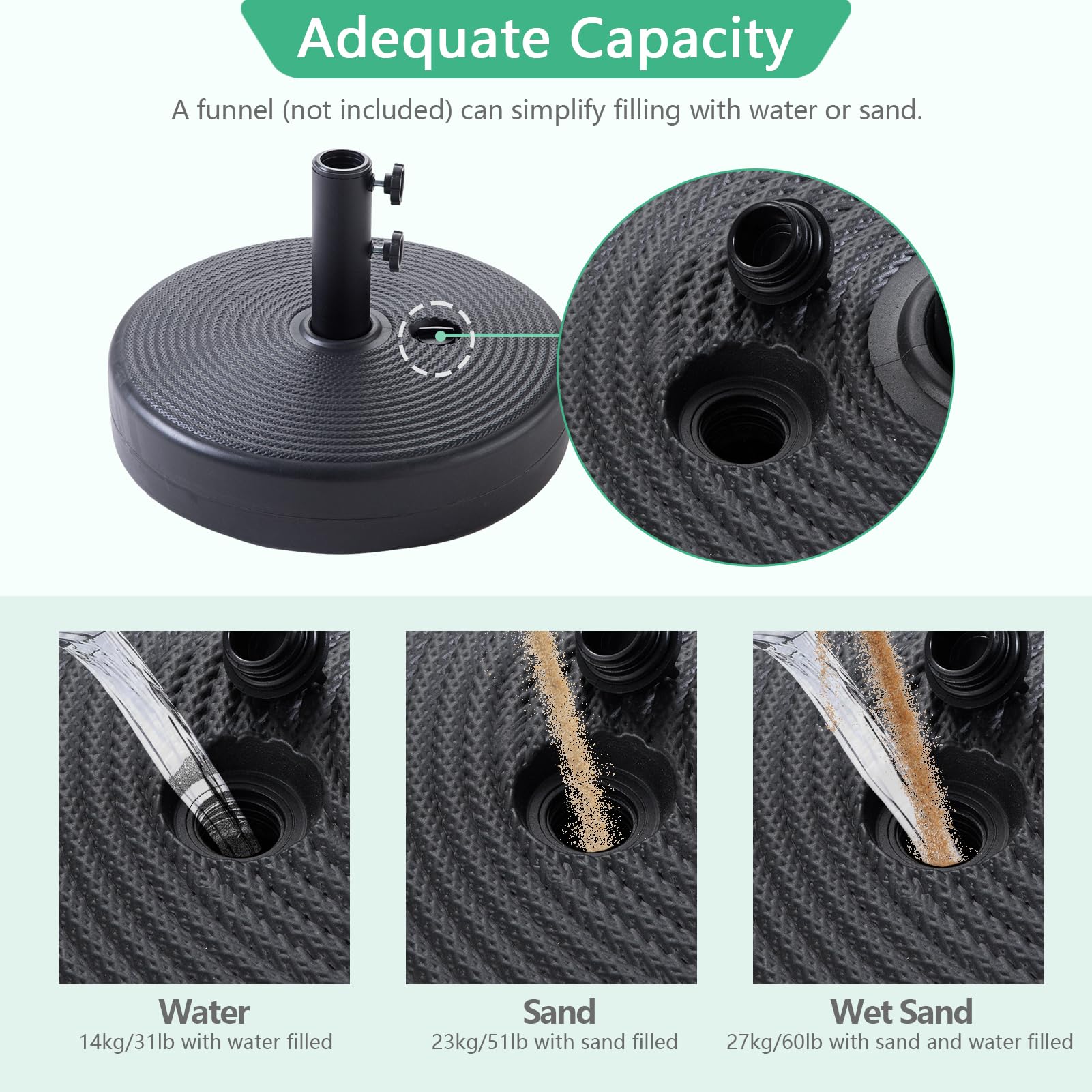 Helios&Hestia 60 lb Heavy Duty Round Umbrella Base, Plastic Water and Sand Fillable Outdoor Stand Weight for Patio Market Table Umbrella, Black : Patio, Lawn & Garden