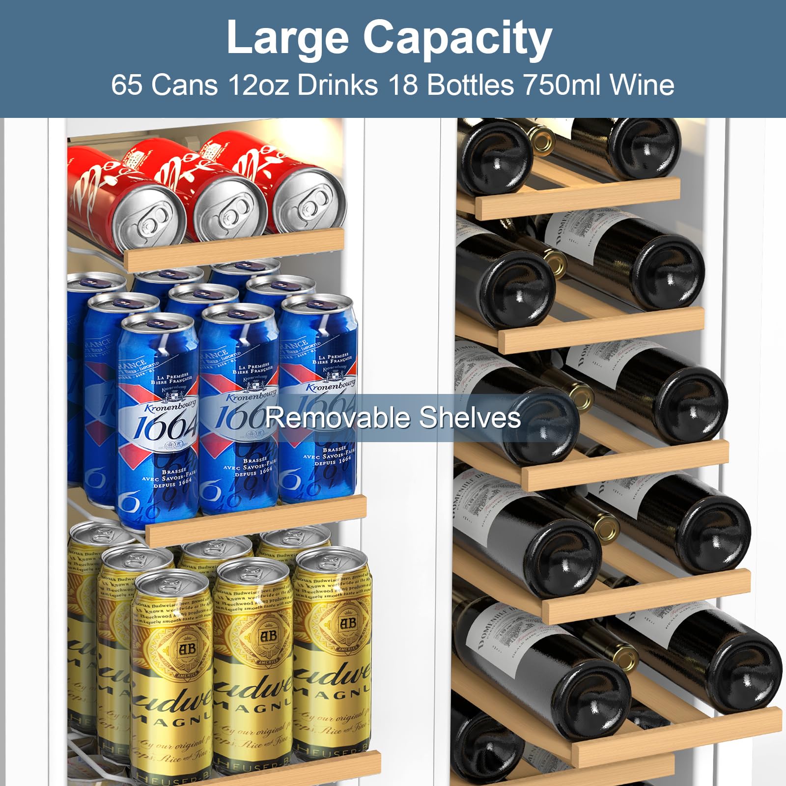 Fomup Wine And Beverage Refrigerator, 24 Inch Beverage Cooler Dual Zone With Glass Door, Under Counter Beverage Fridge With Upgraded 65 Cans 18 Bottles Large Capacity, White on Fridge.com - View 4