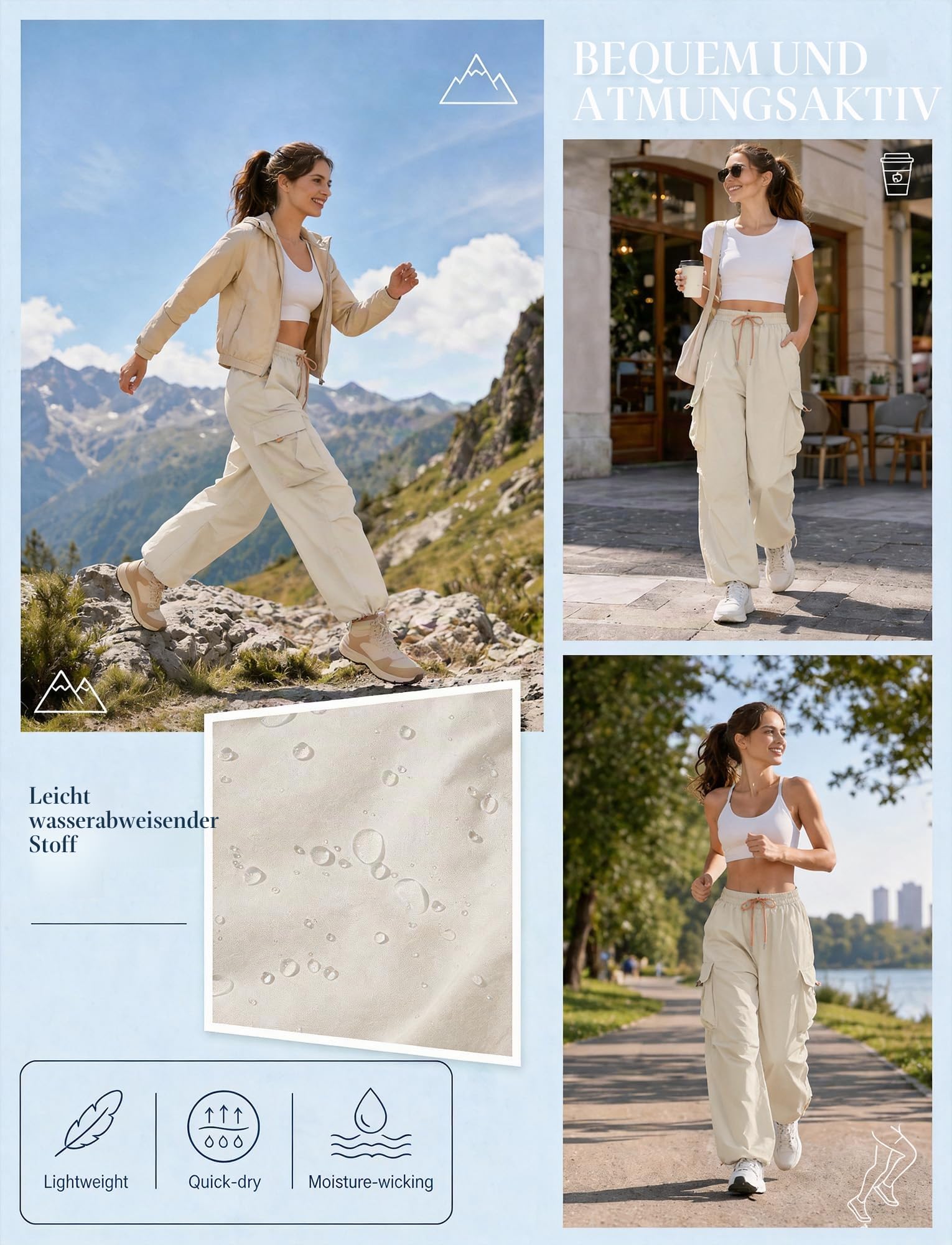 FEOYA Damen Wanderhose Wasserfest Schnelltrocknend Outdoorhose Weites Bein Cargohose Baggy Parachute Pants High Waist Trekkinghose