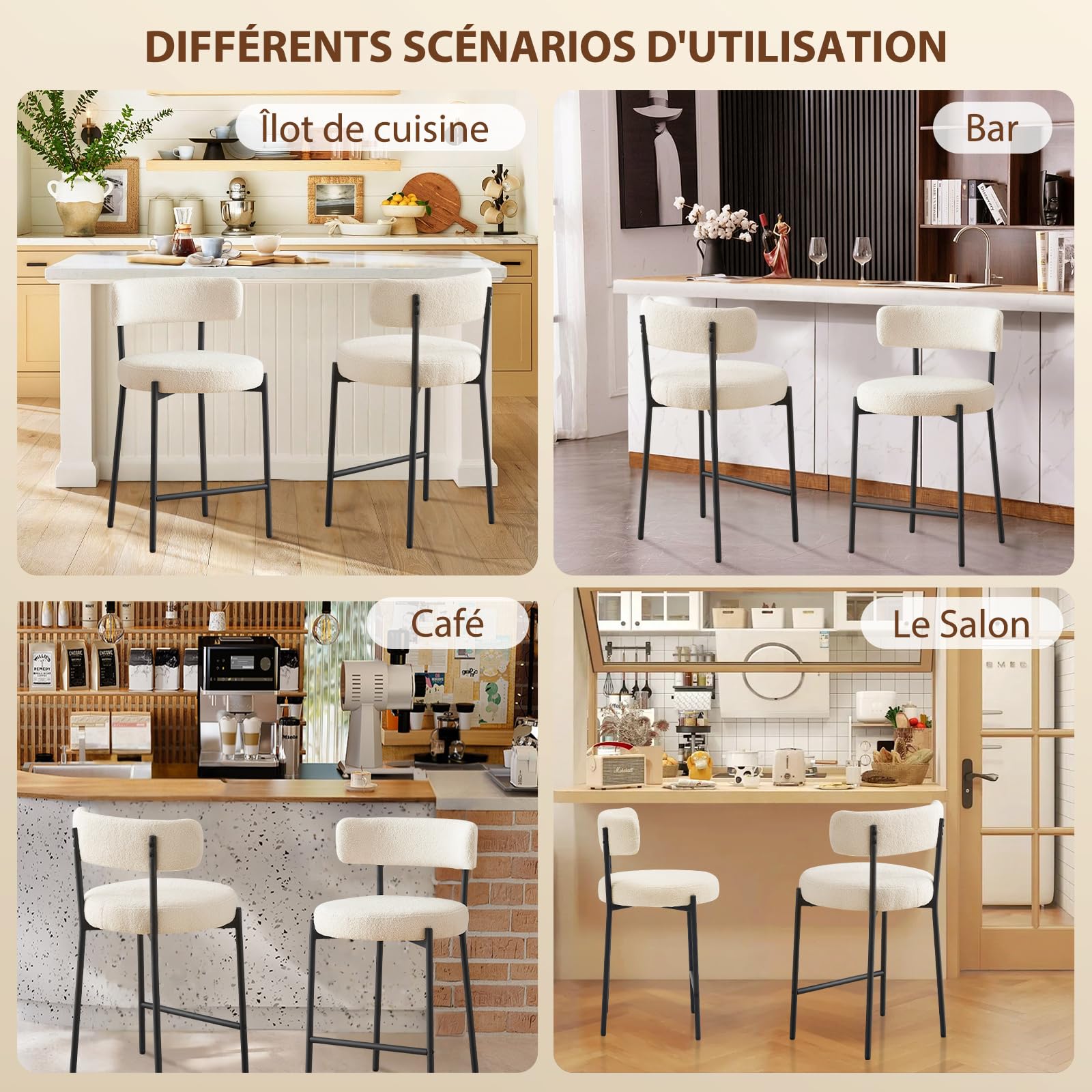Lot de 2 Tabouret de Bar, Chaise de Bar, Chaise de Cuisine Hauteur 63.5cm, Tabourets de Comptoir, Tabouret de Bistrot, Siège Rembourré avec Dossier, Repose-Pieds pour Cuisine, Bar, Blanc