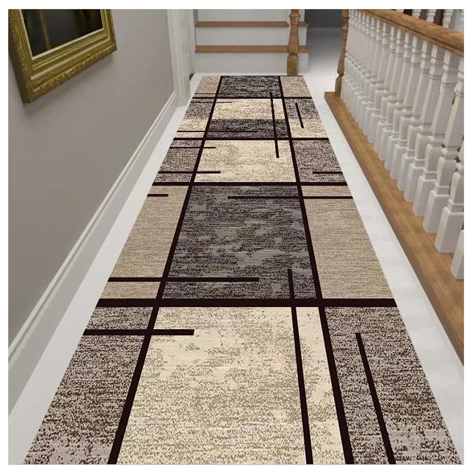 Alfombra para pasillos lavable de diseño geométrico azul y marrón ZBOLI suave