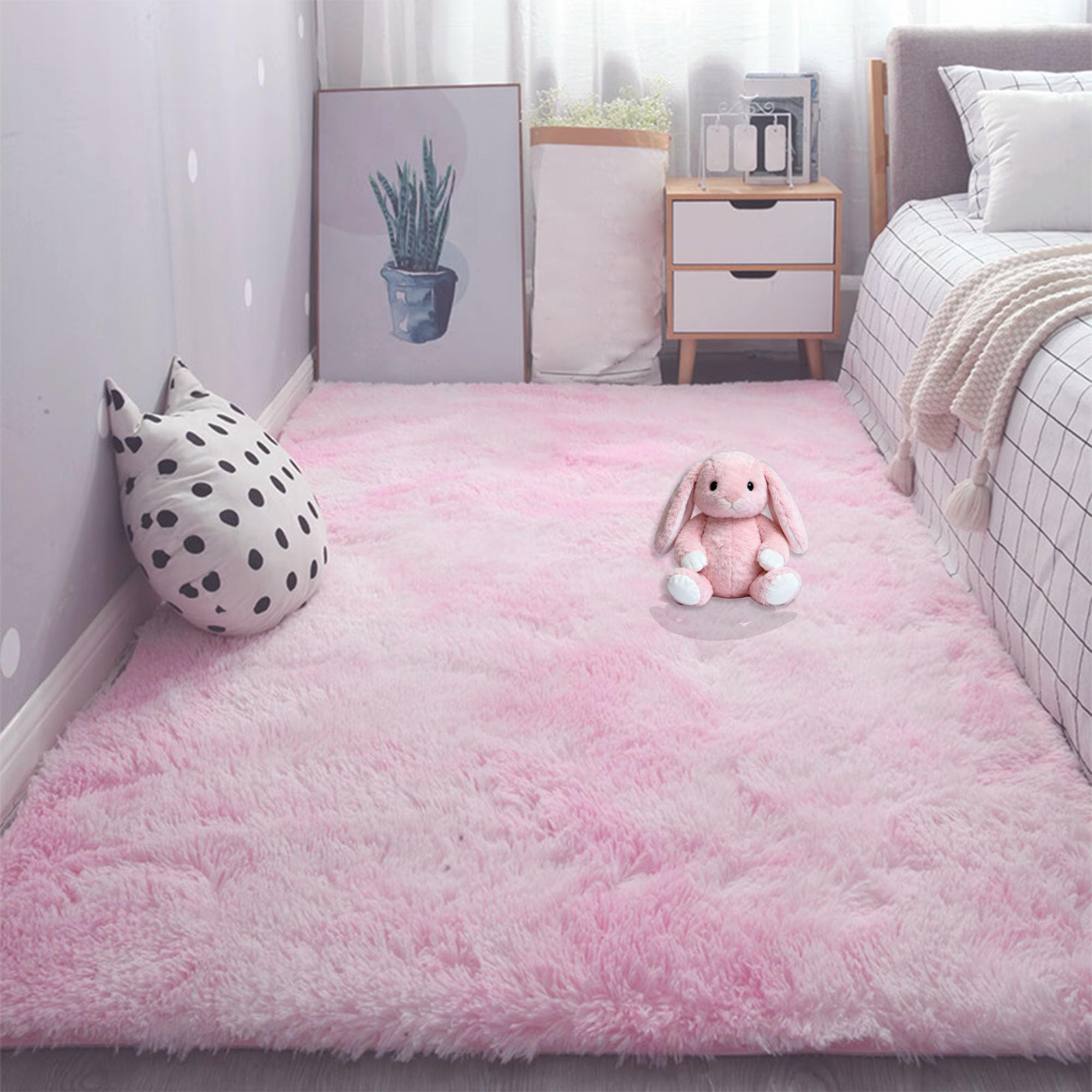 Tapis salon 320x370 cm rose clair grand format pelucheux et moelleux pour une chambre cocooning