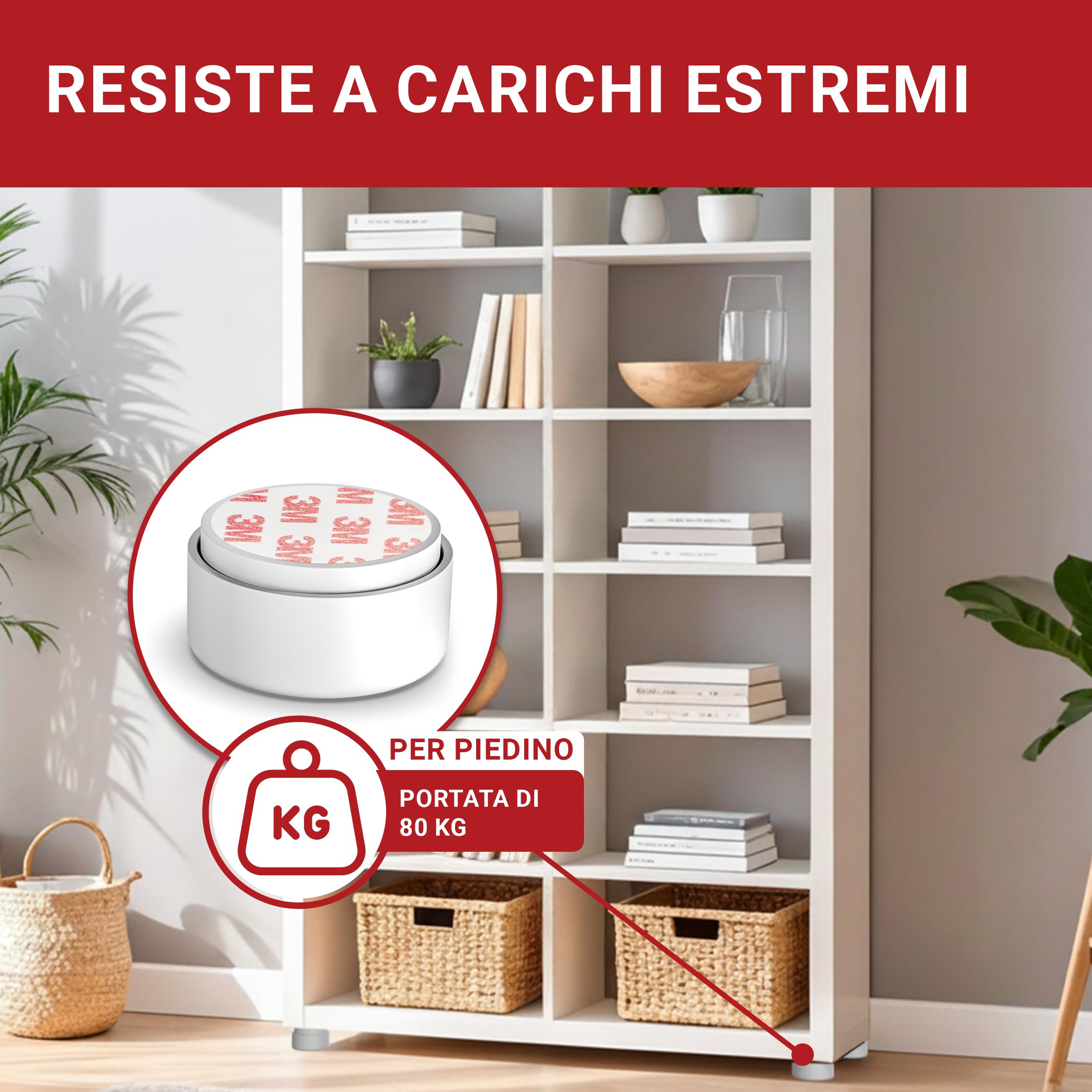 LouMaxx Piedini per Mobili Adesivi Regolabili in altezza Ø 55,5 mm – Piedini Mobili Bianchi Altezza Regolabile – Rialzi per Mobili con Materiale di Montaggio – Set da 8
