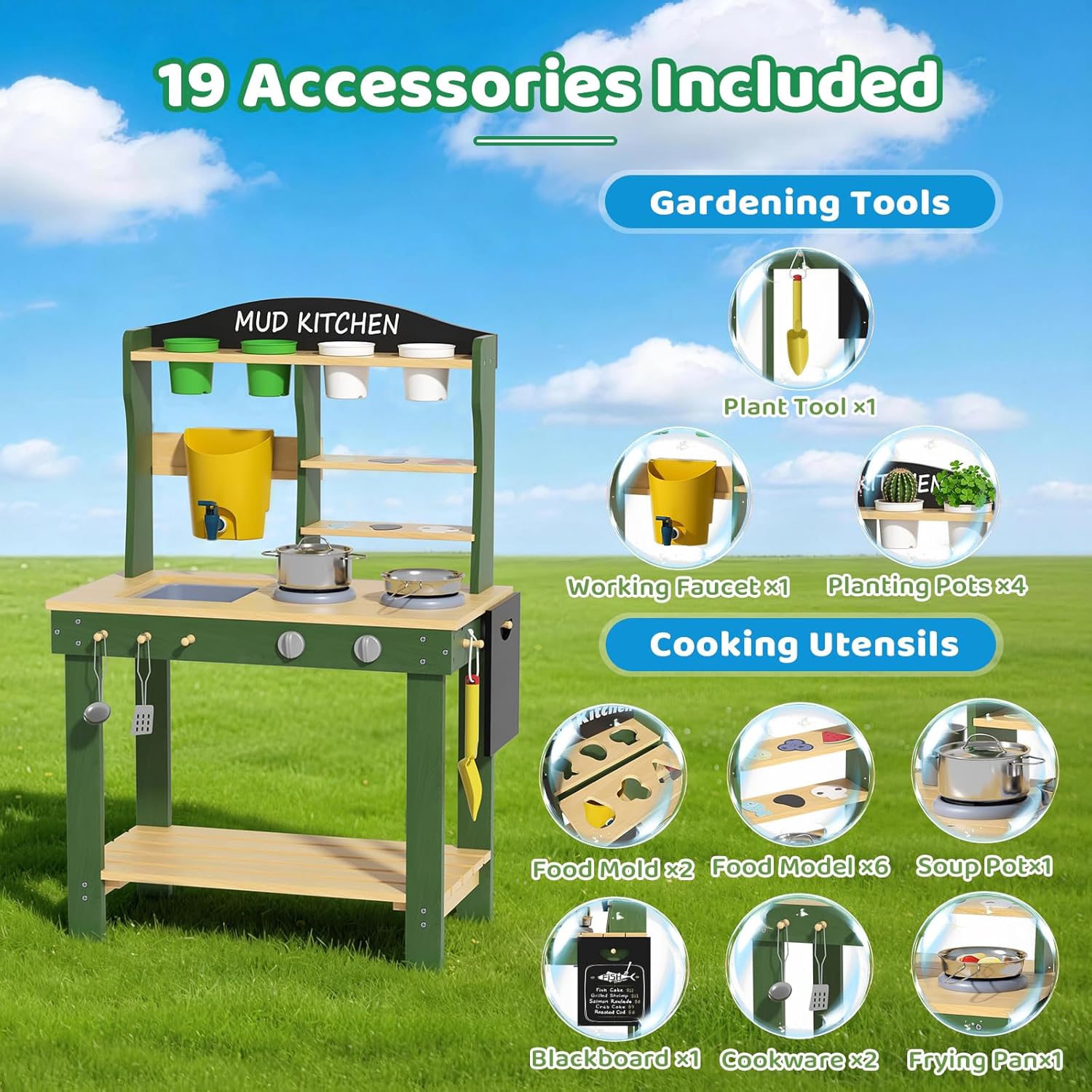 Babytronic Mud Kitchen, Wooden Outdoor Kitchen for Kids Age 3+, Play Kitchen Set with 19 Accessories, Play Sink with Running Water, Stove, Mud Table for Sensory Fun, Cooking, Planting, Toddler Gift