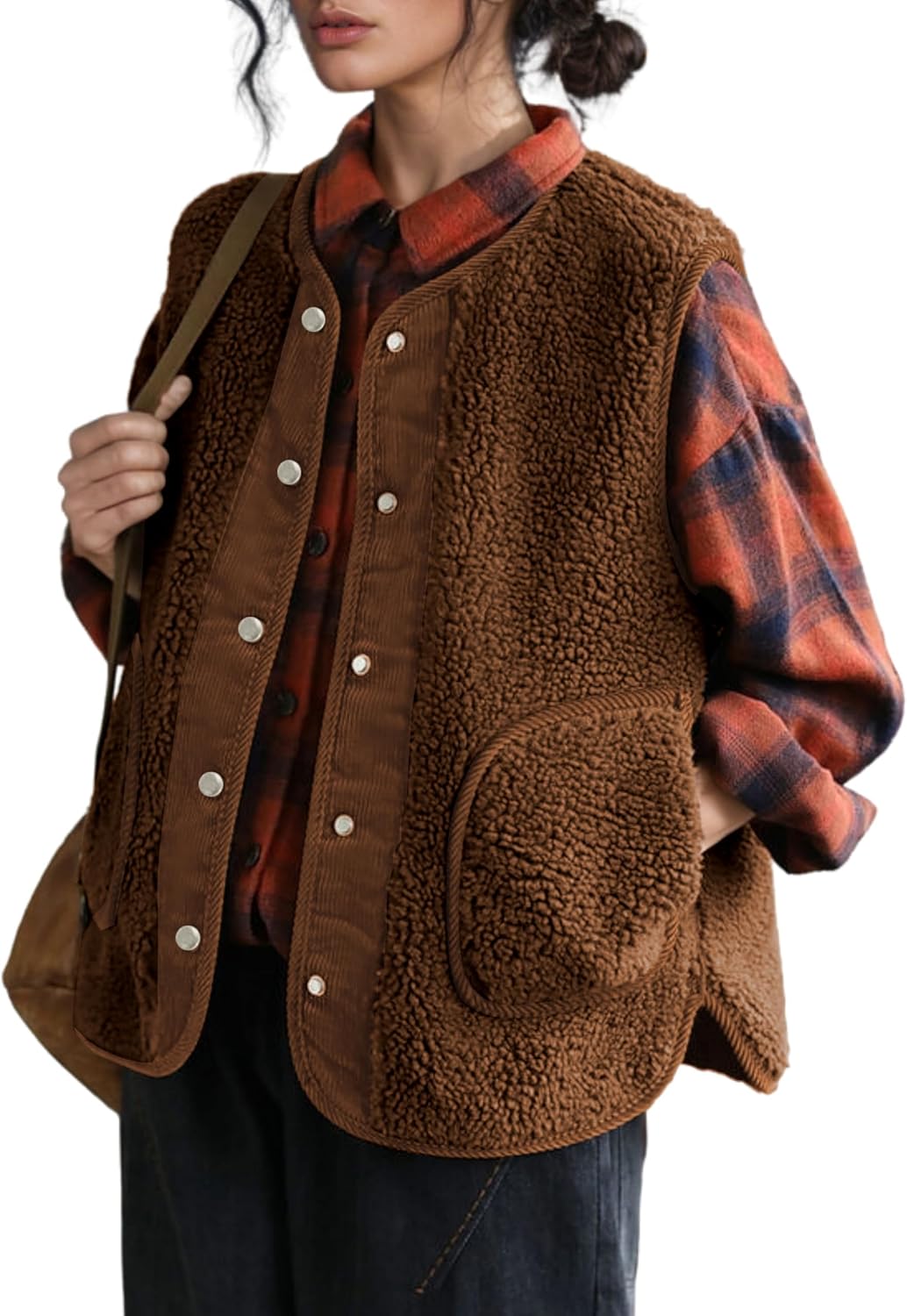 QIBABU Womens Fuzzy Fleece Vest Casual Button Down Sherpa Vest Warm Sleeveless Jackets with Pockets