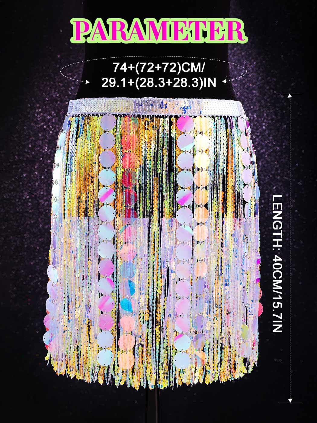 TWINKLEDE Sparkly Sequin Fringe Skirt Tassel Belly Dance Hip Scarf Rave Costume Skirts for Women - Image 6