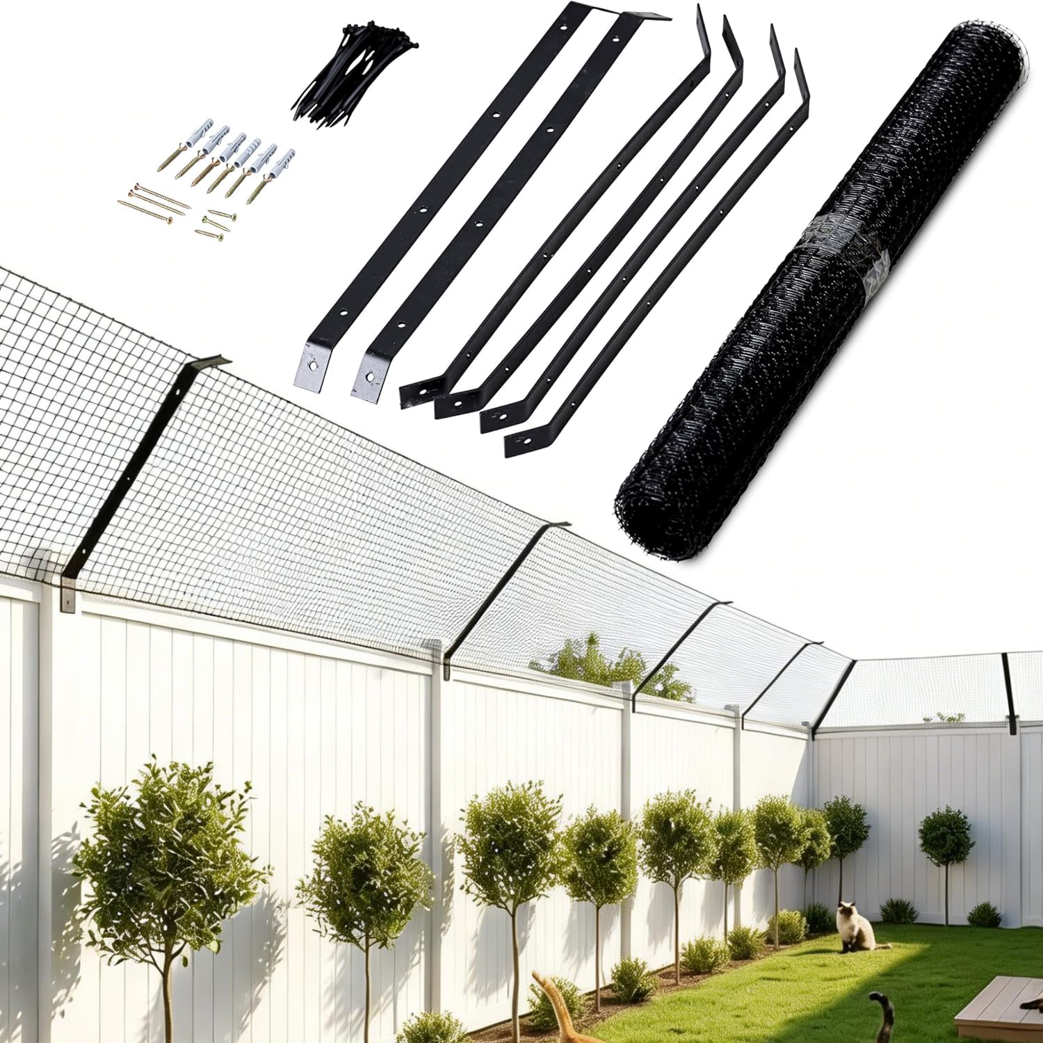 Redes Valla Anti-escalada para Gatos, Barrera Anti-trepa de Recinto Exterior Seguro para Gatos de 10 m, Valla de Malla de Jardín Resistente a Intemperie Cortable con Soportes de Pared Inoxidables