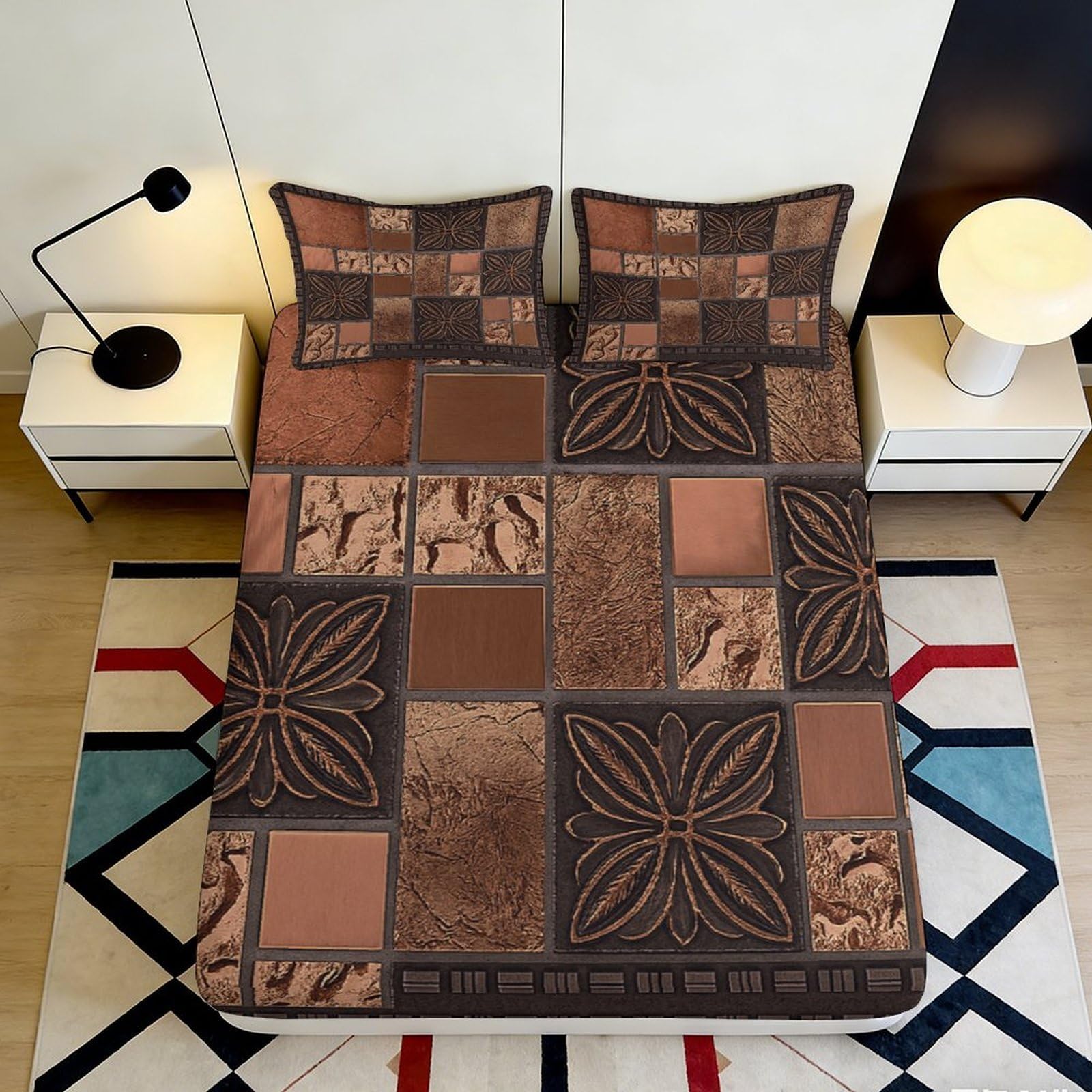 3D Printed Retro Patchwork Fitted Sheet Microfiber Soft Breathable Geometric Mosaic Bed Cover for Bedroom Guest Room 90x200x25cm