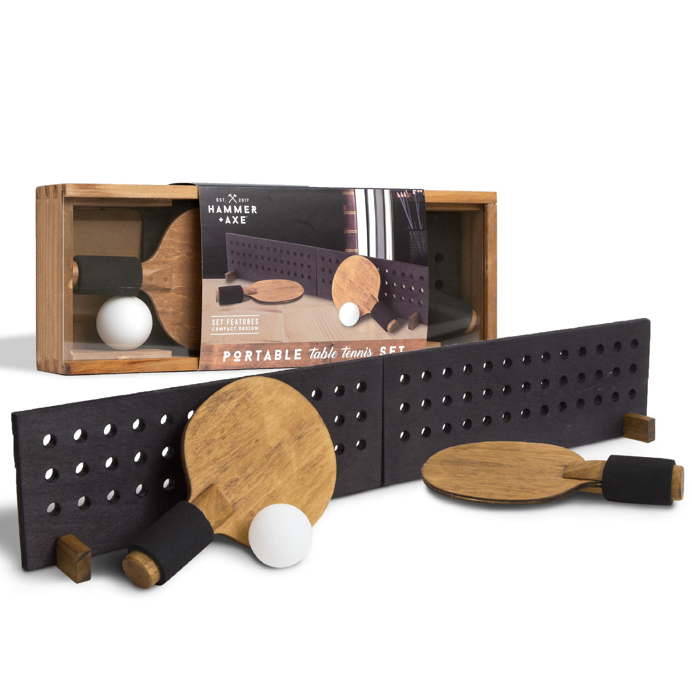 Hammer + Axe Portable Wooden Table Tennis Set, Compact Ping Pong Kit with Paddles, Wood Net and Ball, Play Tennis on Any Desk, Table or Counter, Includes Convenient Wood Box Case