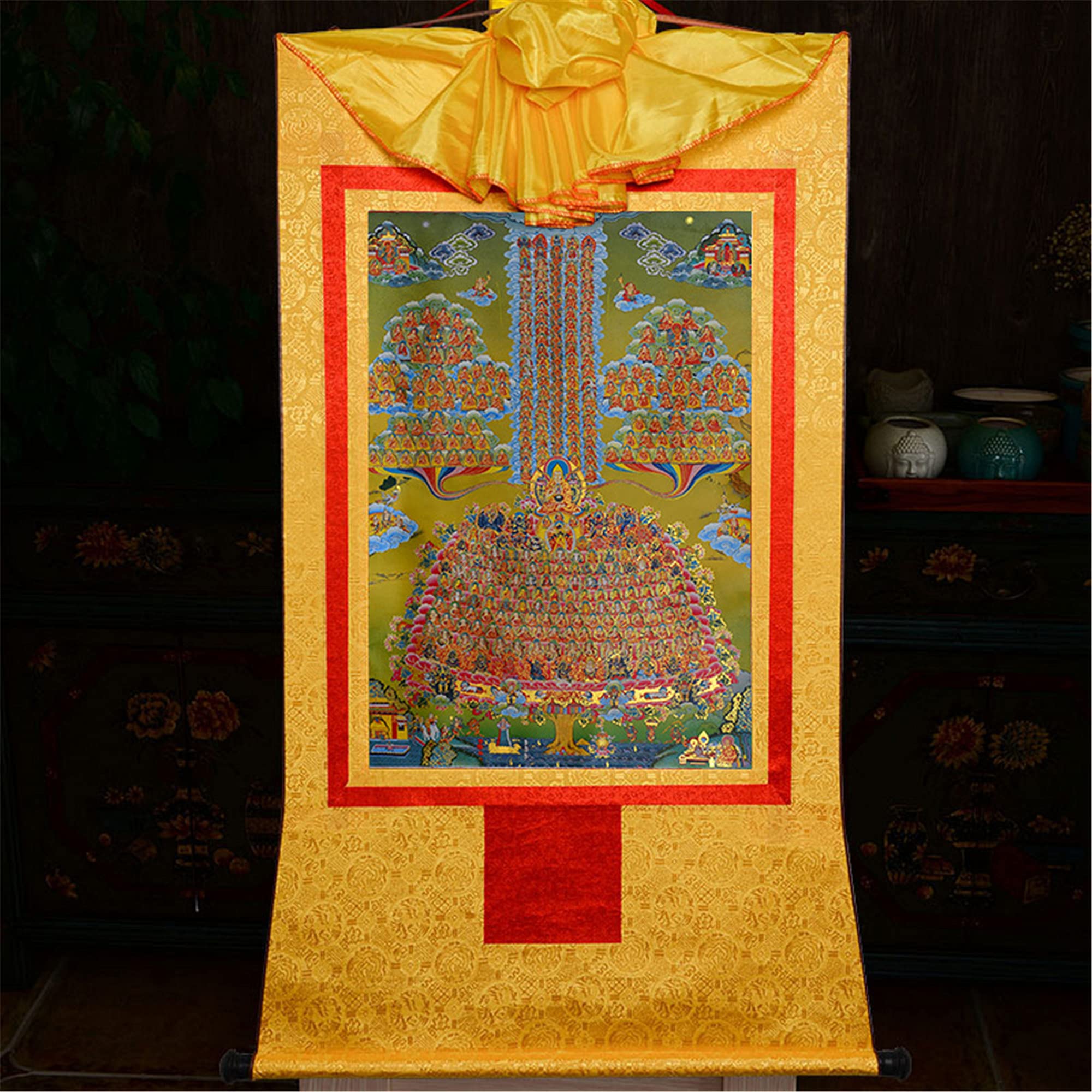 Gandhanra Thangka Tibetische Wandbehang,Je Tsongkhapas Zufluchtsbaum Thangka,Heißgeprägter Buddha Wandteppich für Zen Wohnkultur, Meditation, Spirituelle Entspannung und Ruhe