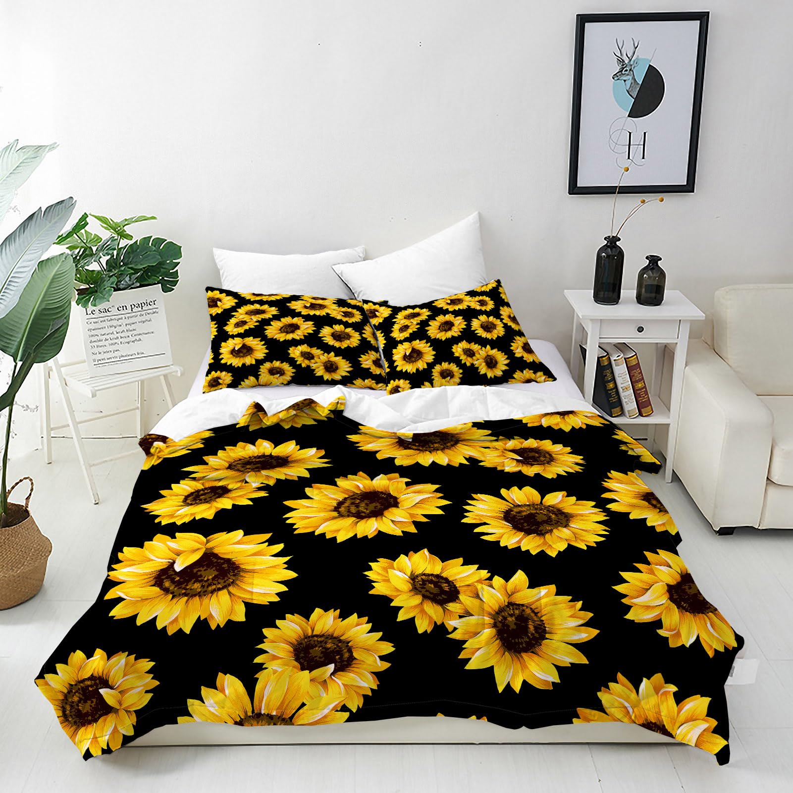 ANHOPE Sunflower Duvet Cover Set Soft Lightweight Microfibre Quilt Cover with 2 Pillowcase Black Background Yellow Flower Print Pattern 3 Pcs Bedding Set with Zipper Closure King 230 x 220 cm