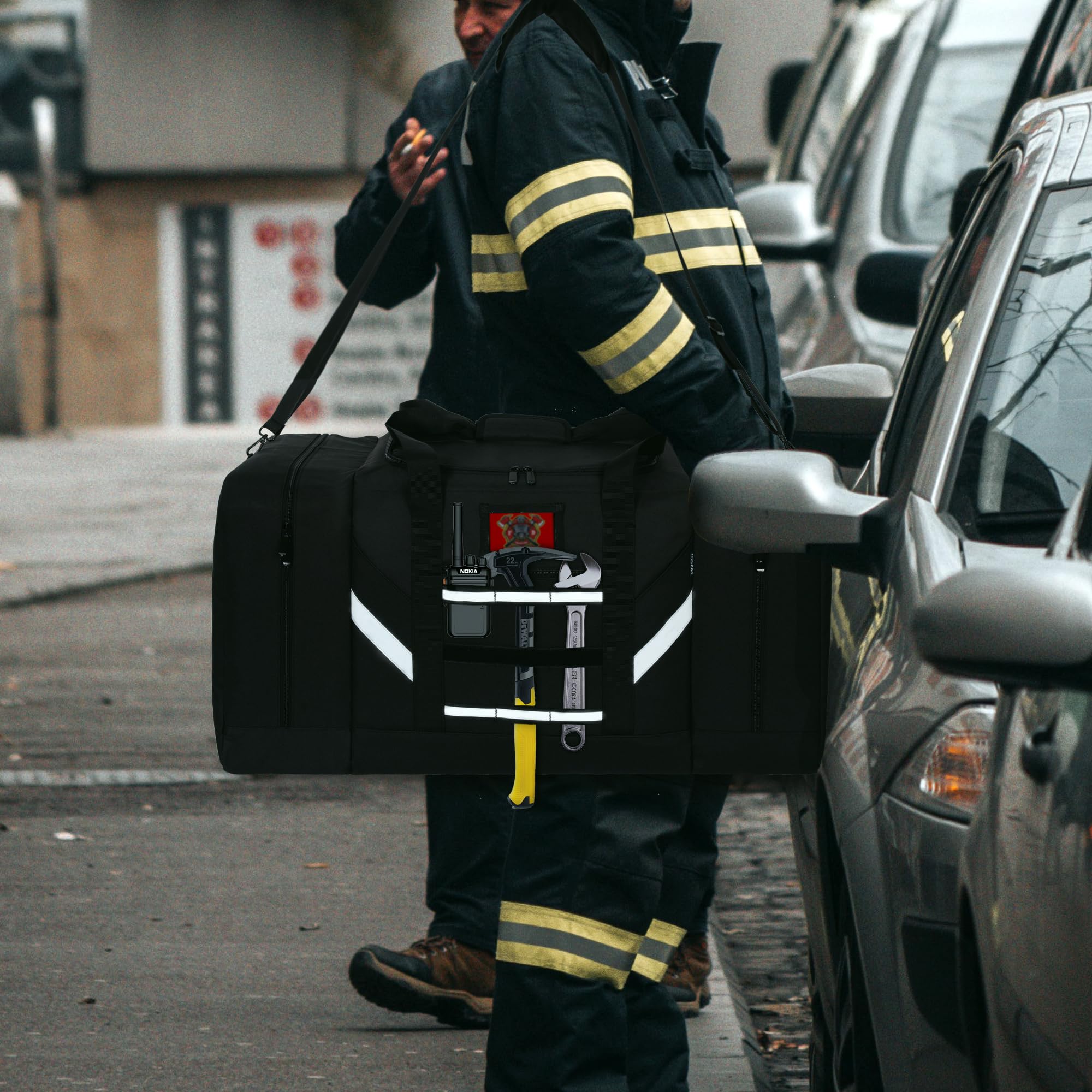 Bolsa de lona para bomberos, bolsa de equipo de bomberos de almacenamiento grande con correa para el hombro, Negro - 7