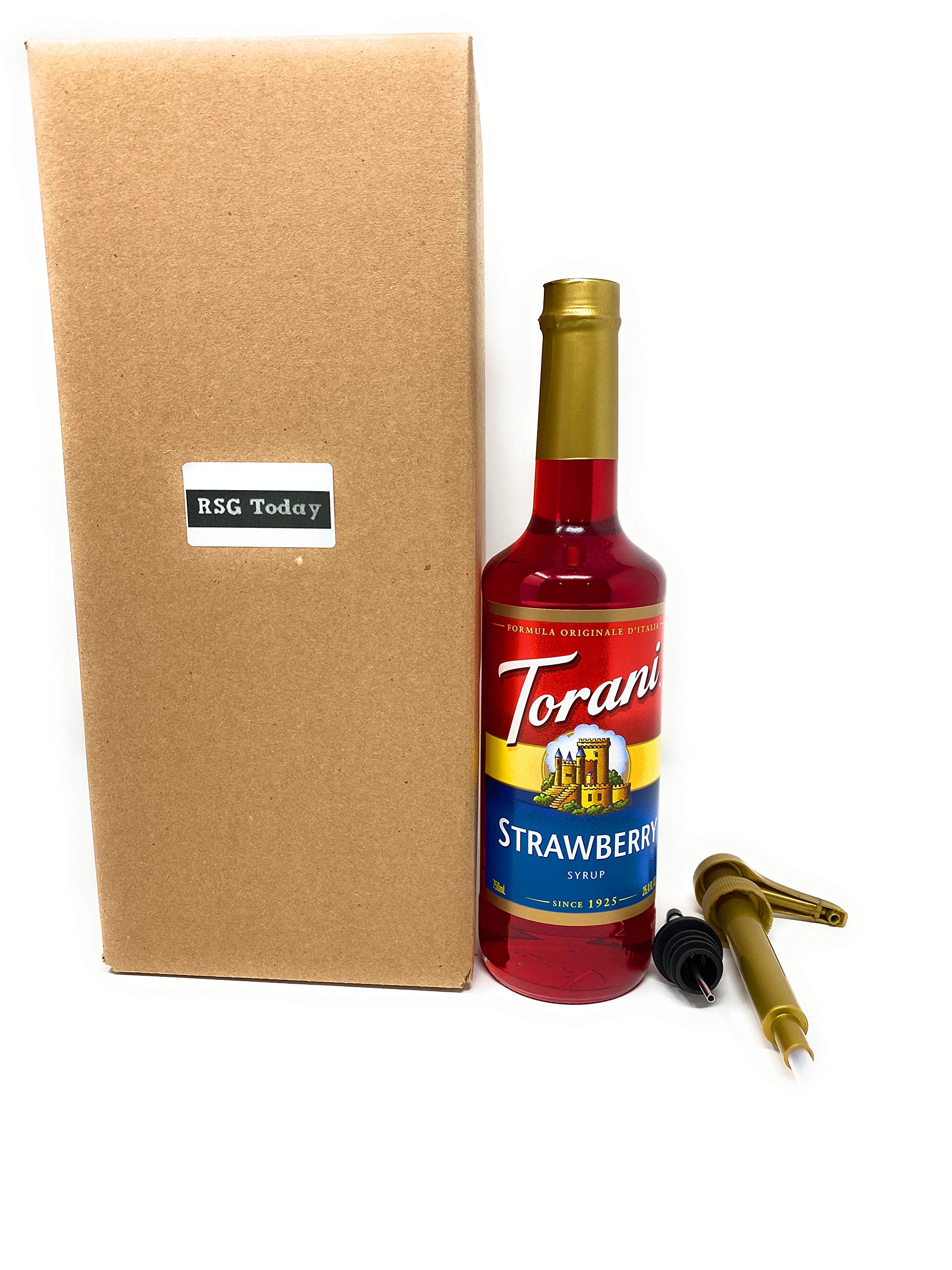 Torani 750 mL Strawberry Flavoring / Fruit Syrup with RSG TODAY Syrup Pump and Pourer Spout (Boxed)