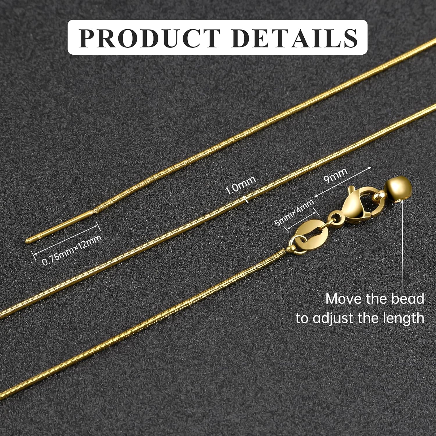 GTVOODX 10Pcs 18k Gold Plated Snake Chain Necklace Stainless Steel 1mm Threader Adjustable Necklace Bulk with Rubber Stoppers for Jewelry Making 20 Inches - Image 2
