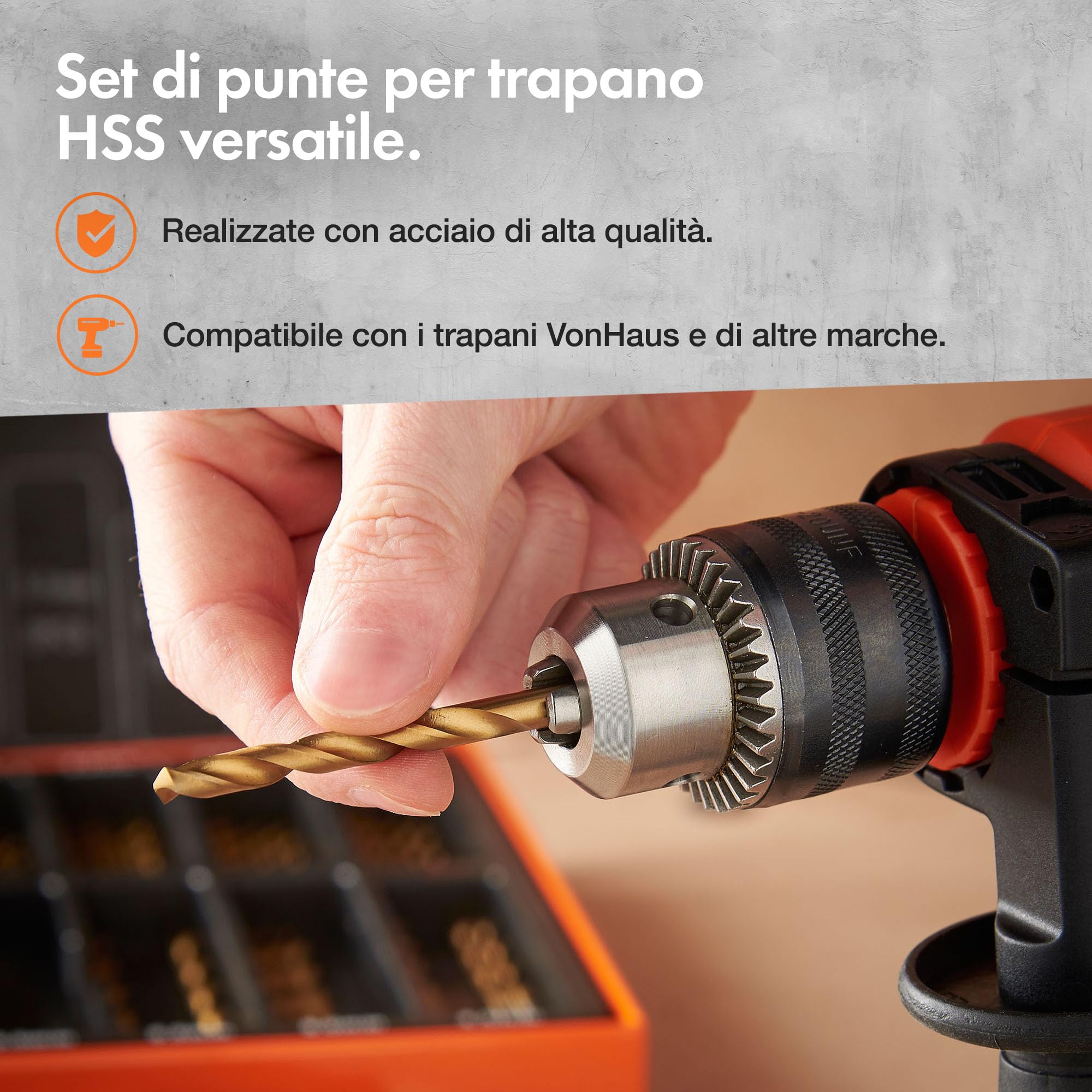 VonHaus HSS Set di Punte Trapano Metallo con Custodia - 99 Punte in Acciaio Rapido da 1,5-10 mm - Acciaio Rivestito in Titanio - Set Punte Trapano per Legno, Muratura e Metallo