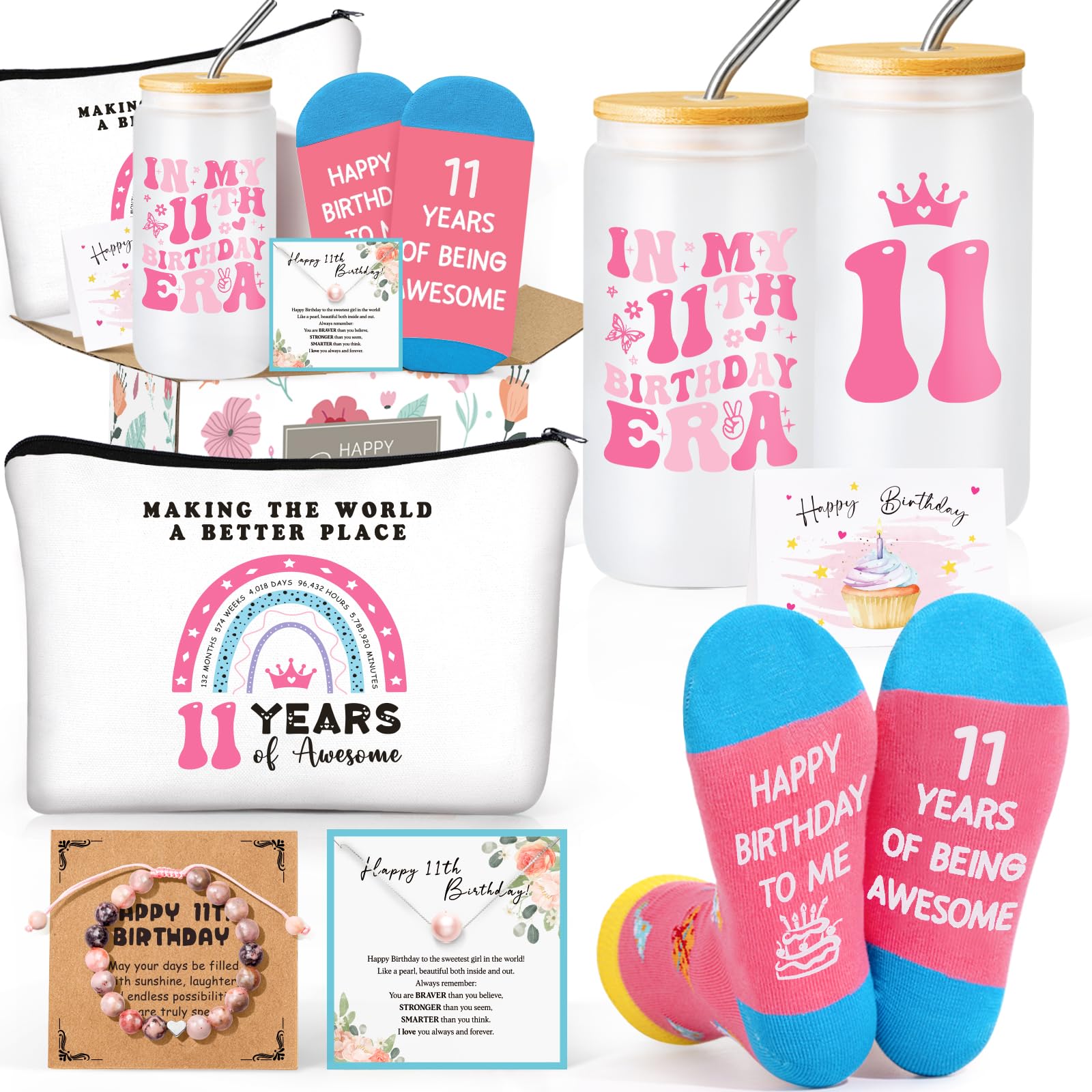 Frerdui 11 Year Old Girl Gifts, 11th Birthday Gifts for Girls, Best Birthday Gift Set for Tween Girls, Beautiful Gift Ideas for 11 Year Old w/ 16oz Glass Cup, 6 pcs