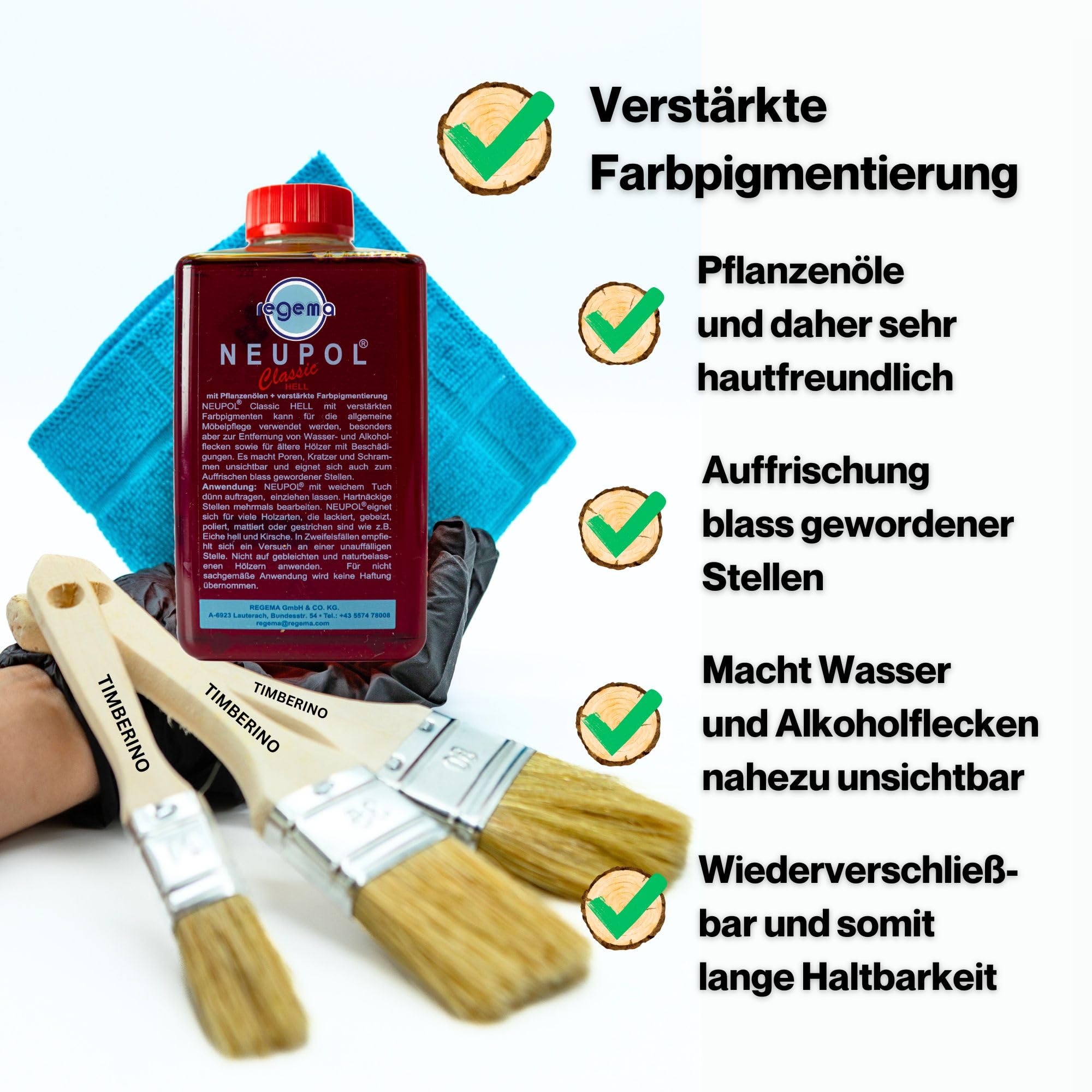 TIMBERINO Pflegeset Neupol Hell Classic Holzöl [500ml] Pflegeöl für Holzmöbel innen Echtholz Furnier [Holzöl+Öltuch+Pinsel+Handschuh] Möbelpolitur Holz Holzöl