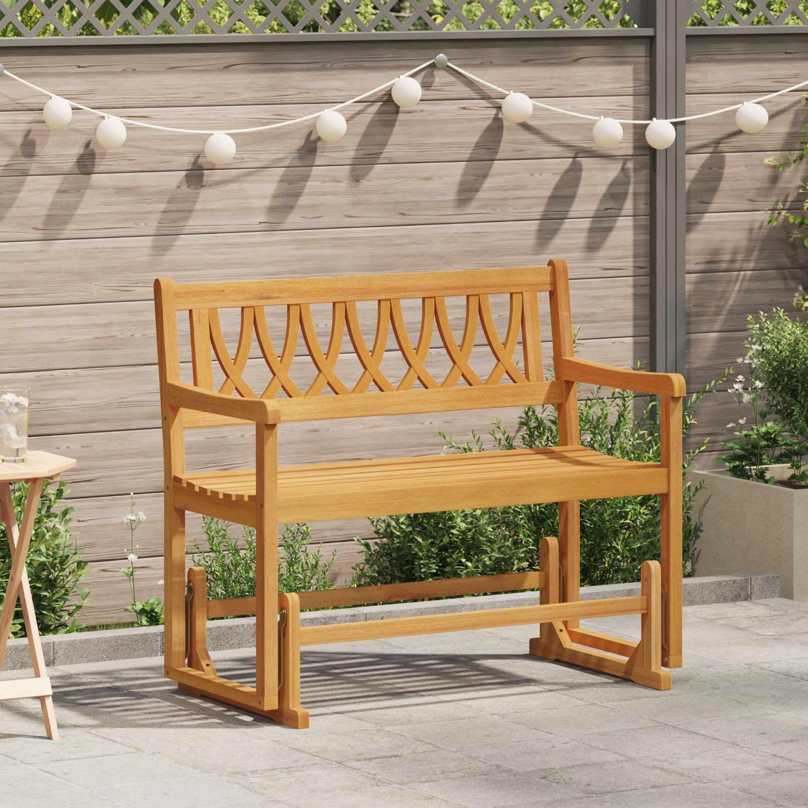 Banco de jardín rústico de madera maciza de acacia, 110 x 59 x 97 cm, con reposabrazos planos y patas de poste estables para un agarre seguro, superficie aceitada, fácil de limpiar.