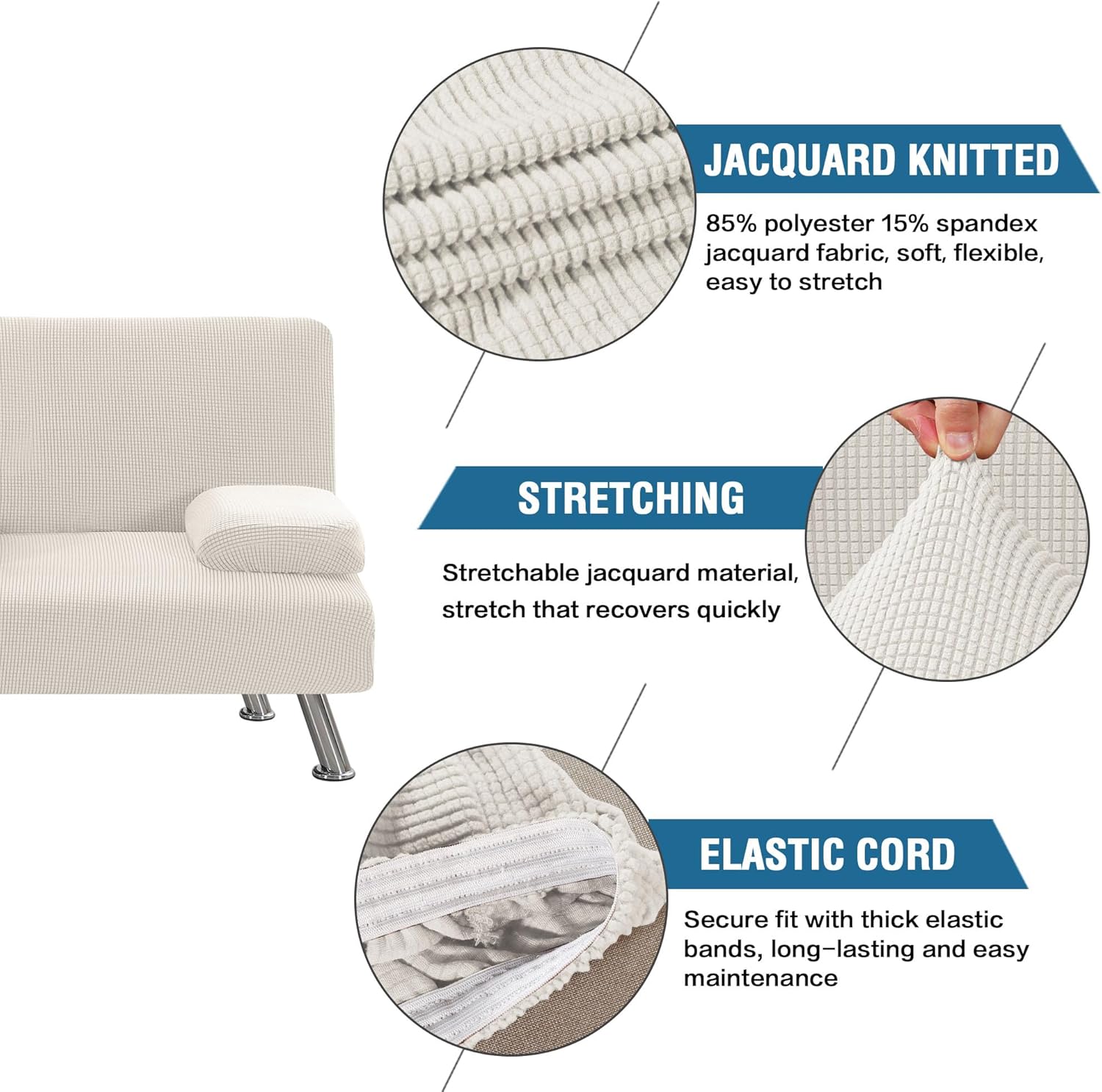 LiveGo Futon Cover 4 Pieces Stretch Futon Covers Sofa Bed Slipcover with Removable Armrests and Cupholders Covers Furniture Protector High Spandex Small Checks Jacquard Fabric (Ivory)