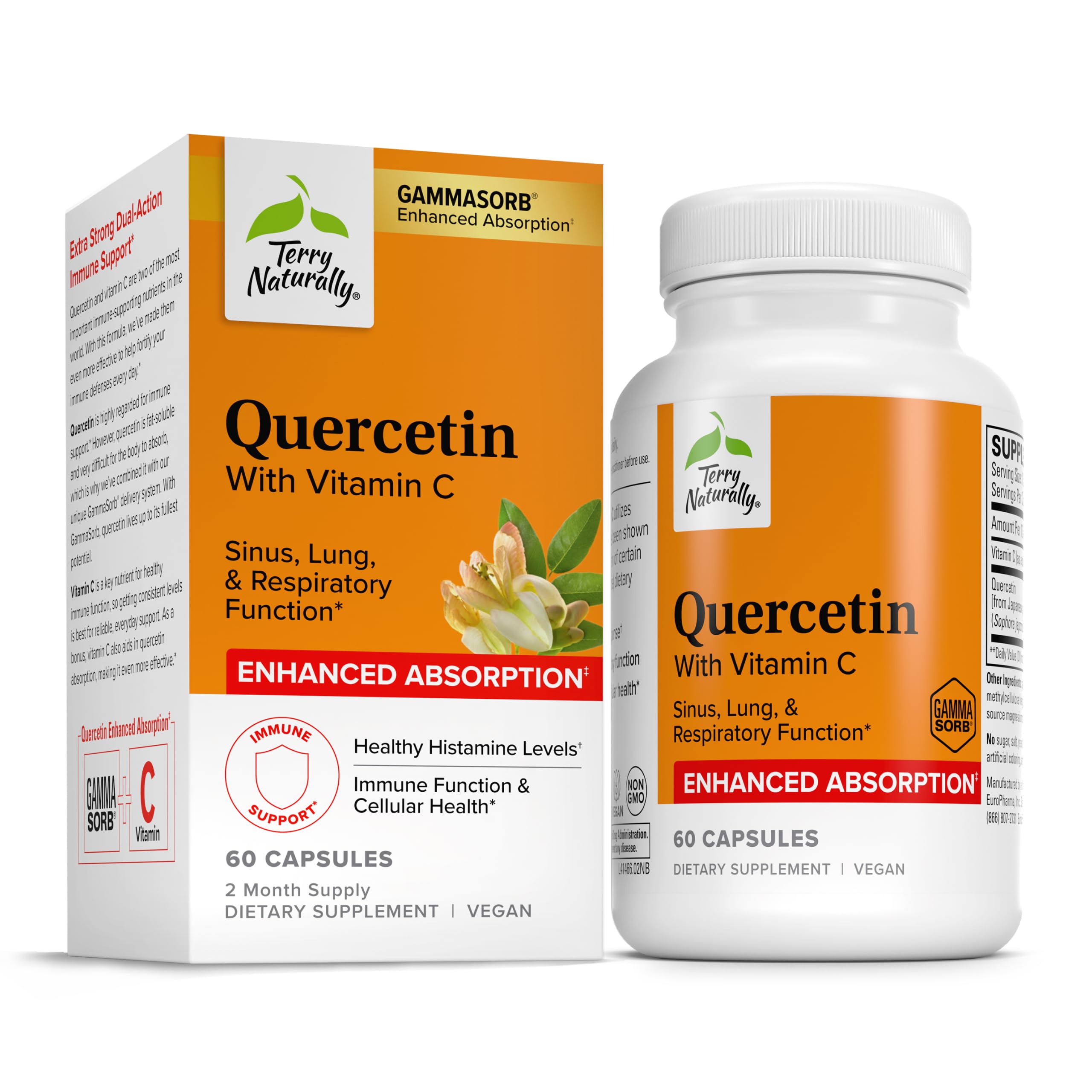Terry Naturally Quercetin with Vitamin C Enhanced Absorption - Quercetin Supplement for Immune Support & Cellular Health - Respiratory Supplement for Sinus & Lung Health - 60 Capsules